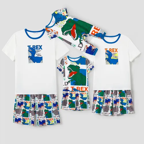 家庭配套 T-REX 短袖 T 恤和通體恐龍短褲睡衣套裝（阻燃）