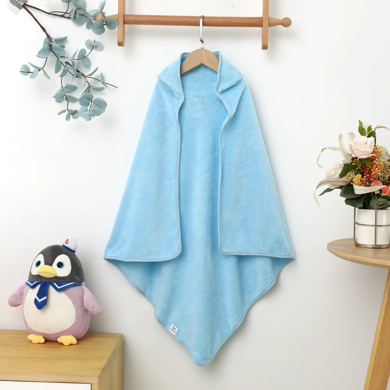 Hooded Penguin Toddler Swimsuit for Unisex: Animal Pattern Flannel 1pc Set Blue big image 1