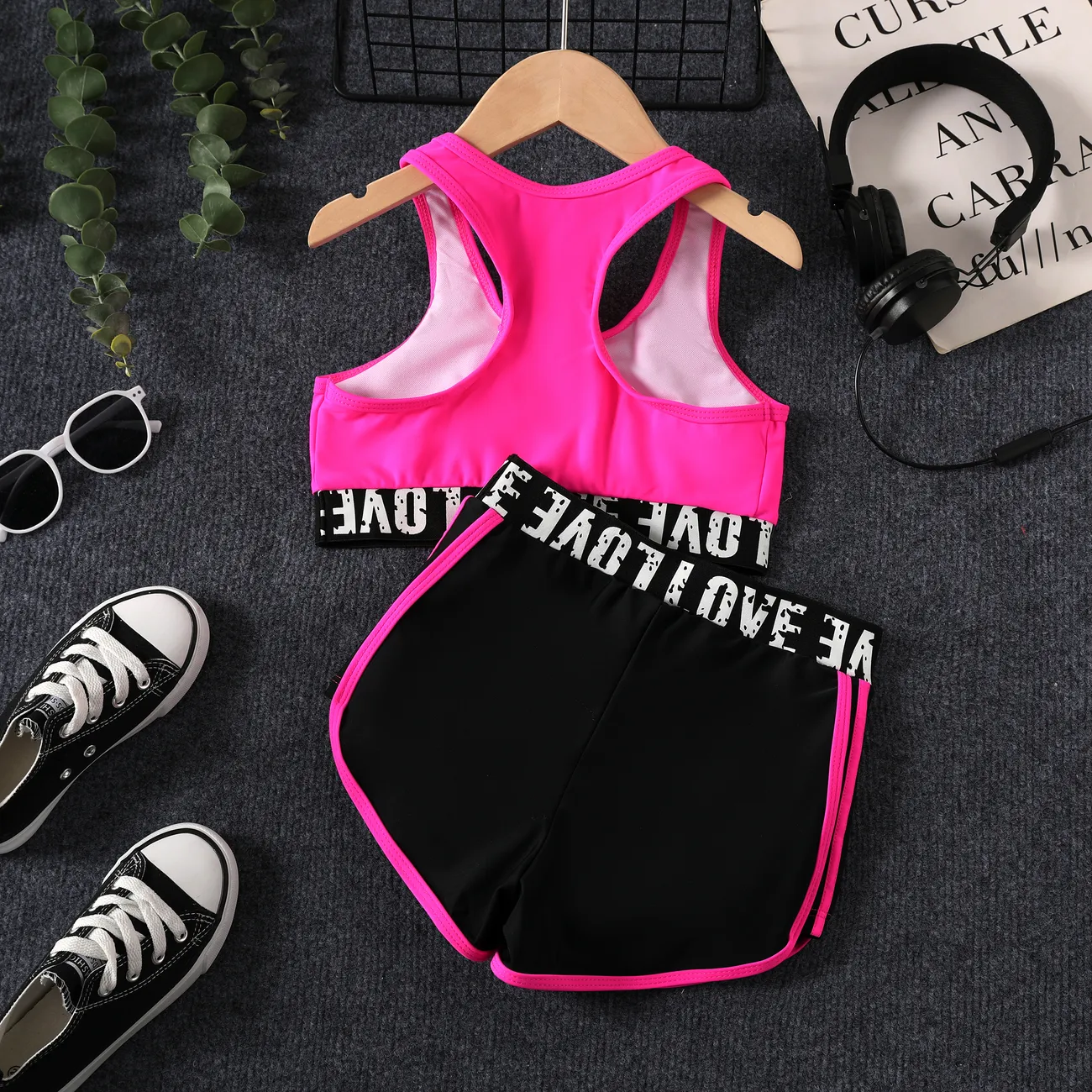 2pcs Kid Girl Sporty Braided Top and Shorts Swimsuit  Hot Pink big image 1