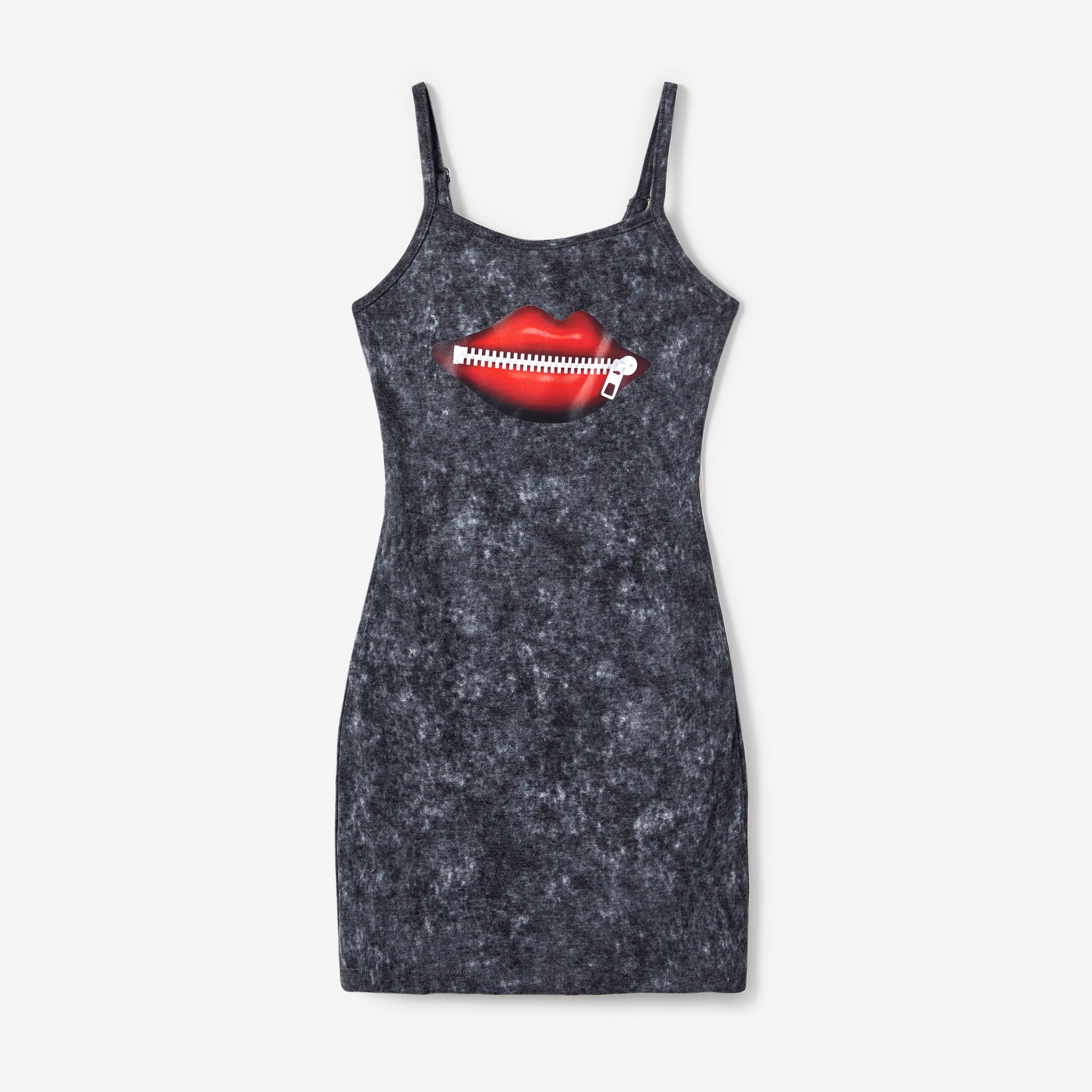 Mommy and Me Dark Grey Red Lip and Zipper Print Bodycon Strap Dress