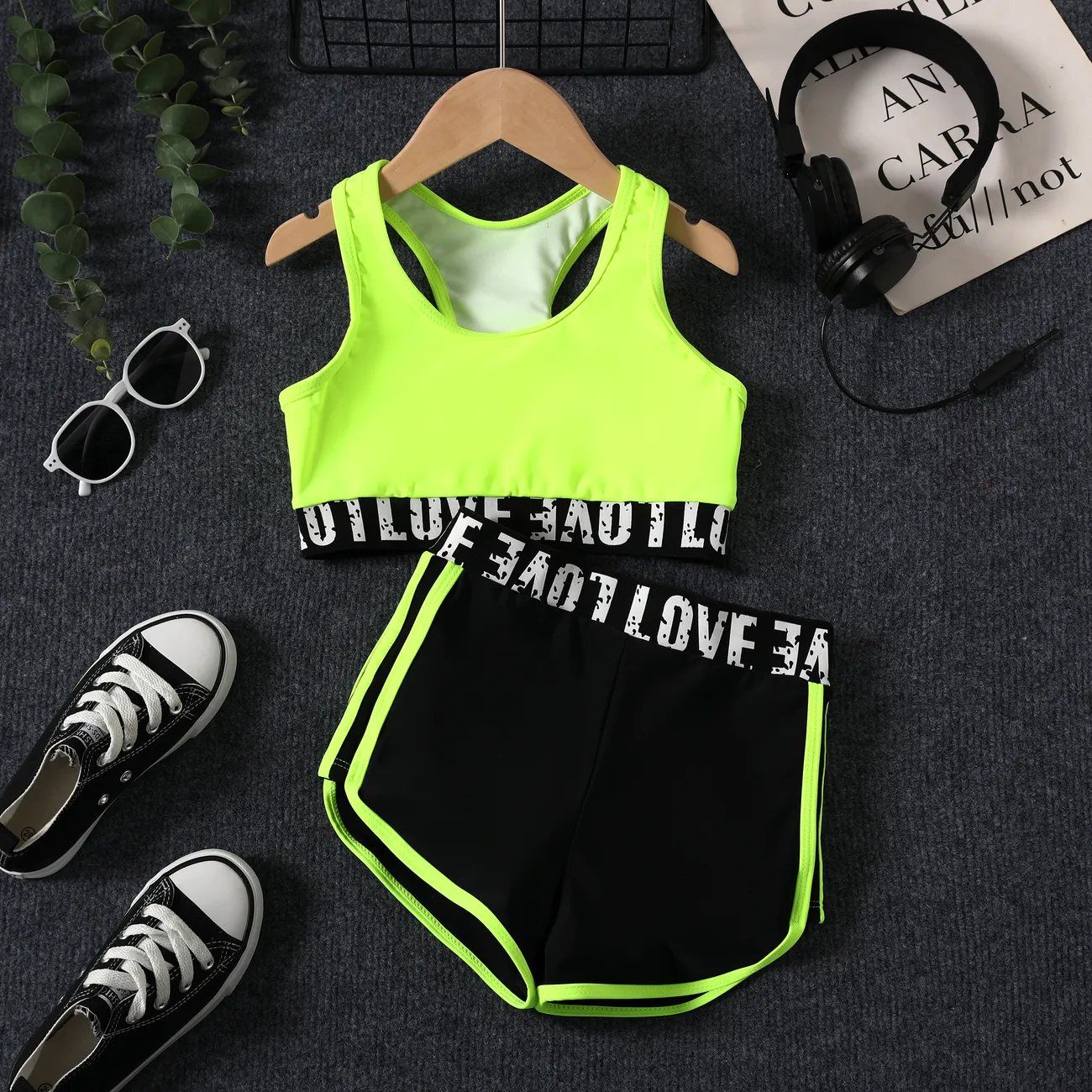 2pcs Kid Girl Sporty Braided Top and Shorts Swimsuit  Green big image 1