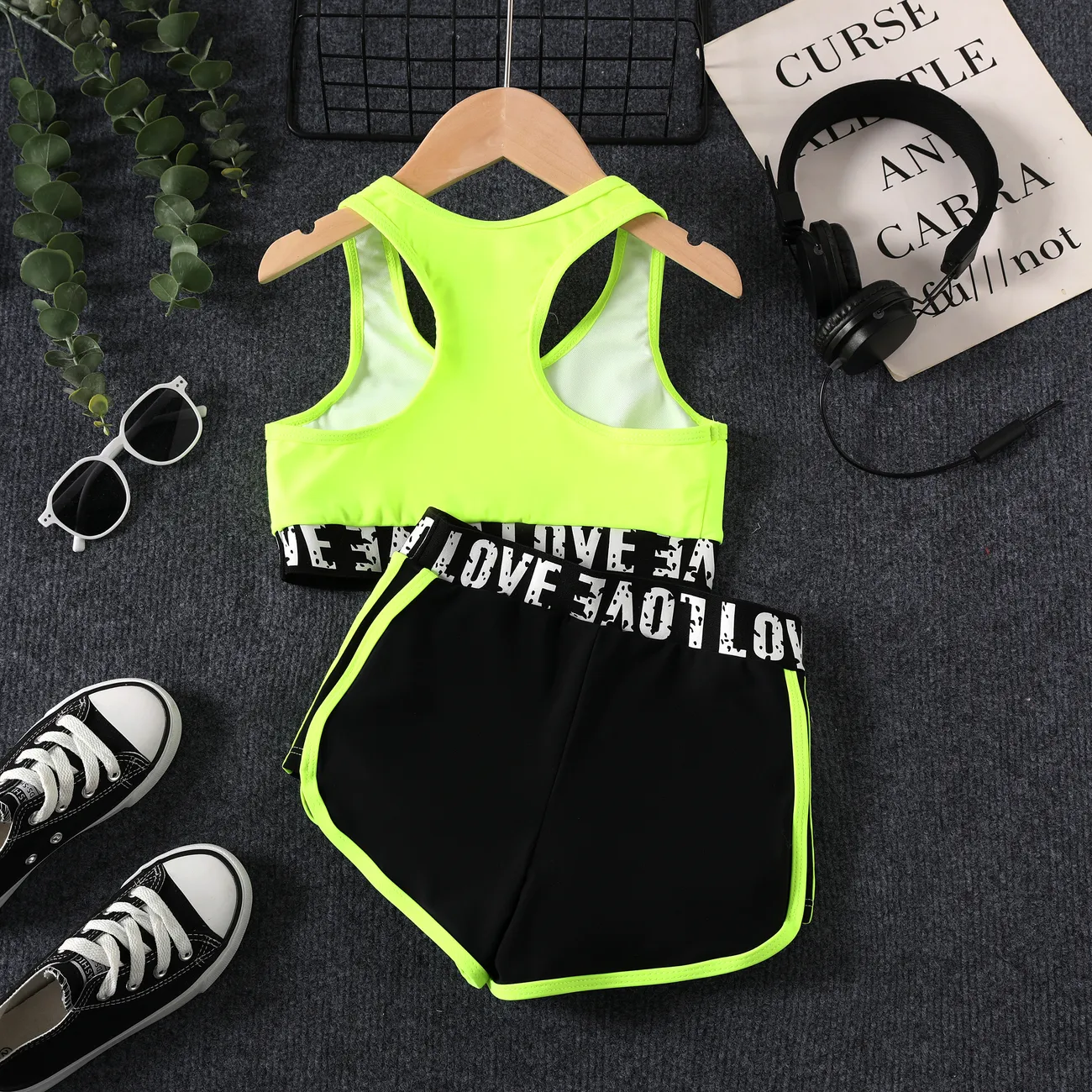 2pcs Kid Girl Sporty Braided Top and Shorts Swimsuit  Green big image 1