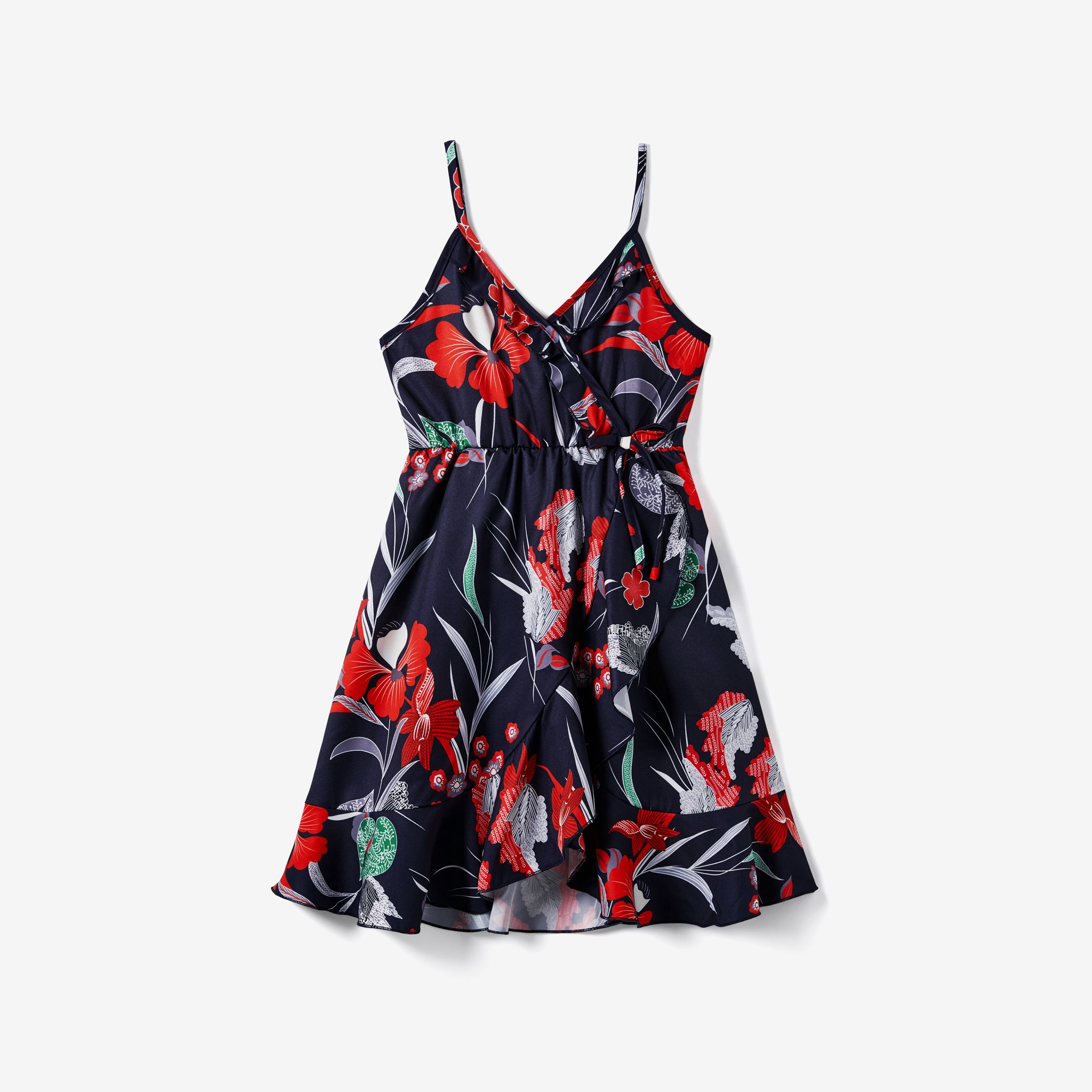 

Family Matching Tropical Floral Overlap Hi-Low Ruffle Dress and Beach Shirt Sets