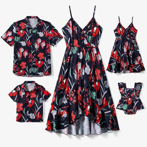 Family Matching Tropical Floral Overlap Hi-Low Ruffle Dress and Beach Shirt Sets