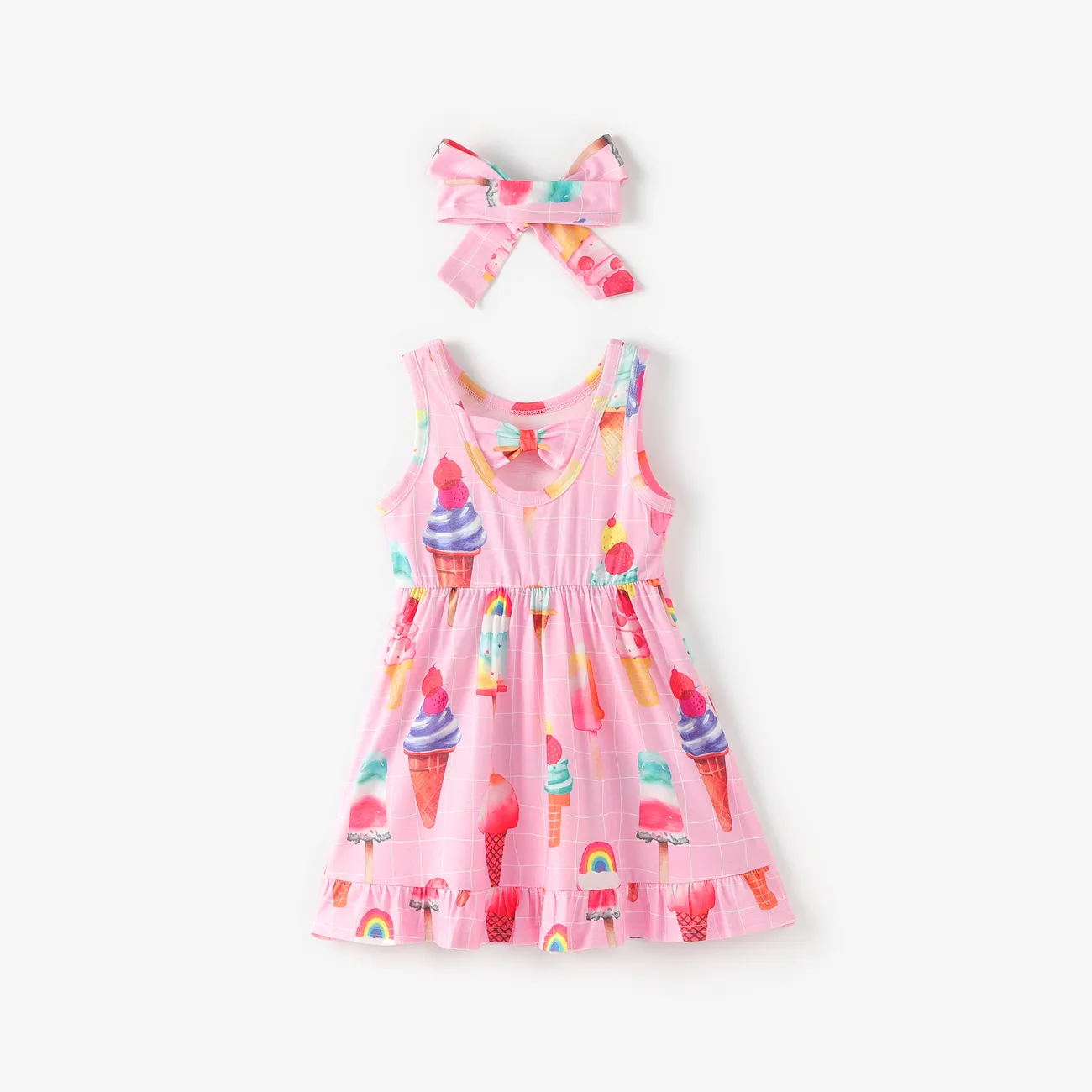 Toddler Girl 2pcs Childlike Ice Cream Print Dress with Headband Multicolour-1 big image 1