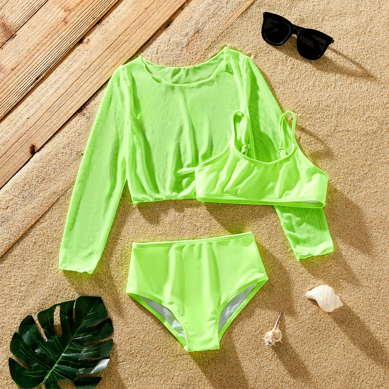 3pcs Kid Girl Avant-Garde Swimsuit Solid Color Swimsuit Set  Green big image 1