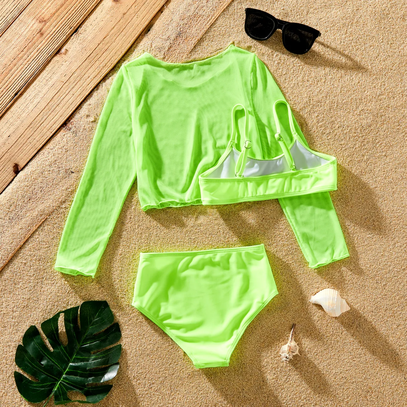 3pcs Kid Girl Avant-Garde Swimsuit Solid Color Swimsuit Set  Green big image 1