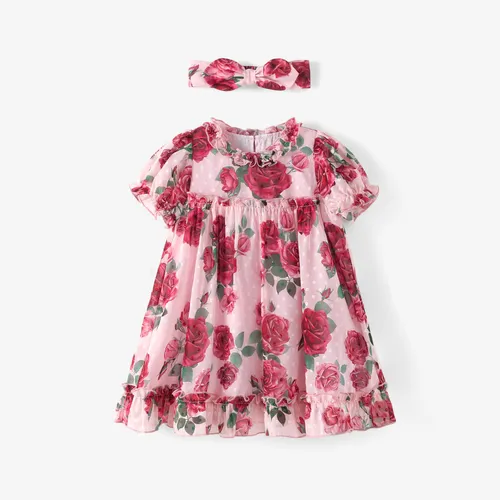 Baby Mädchen Süßes 2-teiliges Kleid mit Blumendruck und Puffärmeln und Stirnband