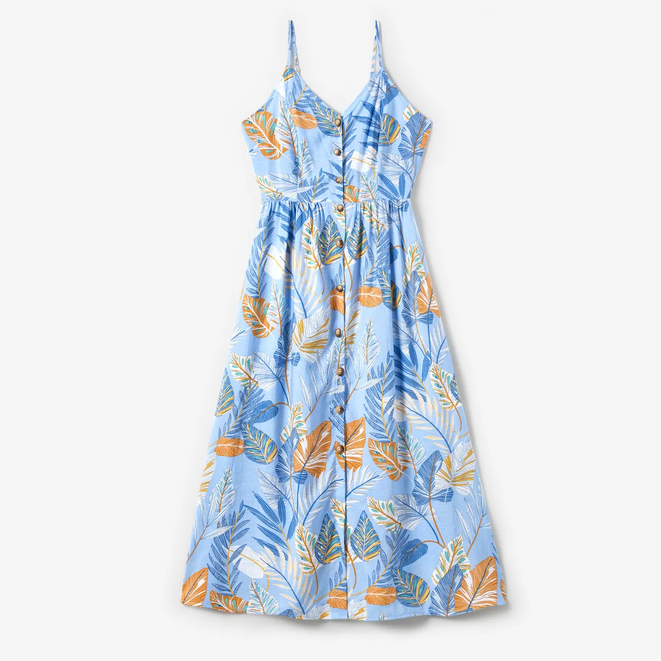 Family Matching Tropical Floral Beach Shirt and Leaf Pattern Button Up Strap Dress Sets Light Blue big image 1