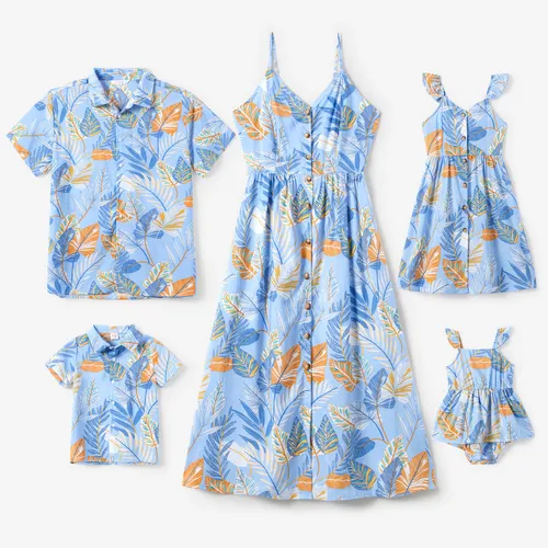 家庭配套熱帶花卉沙灘襯衫和葉子圖案紐扣肩帶連衣裙套裝