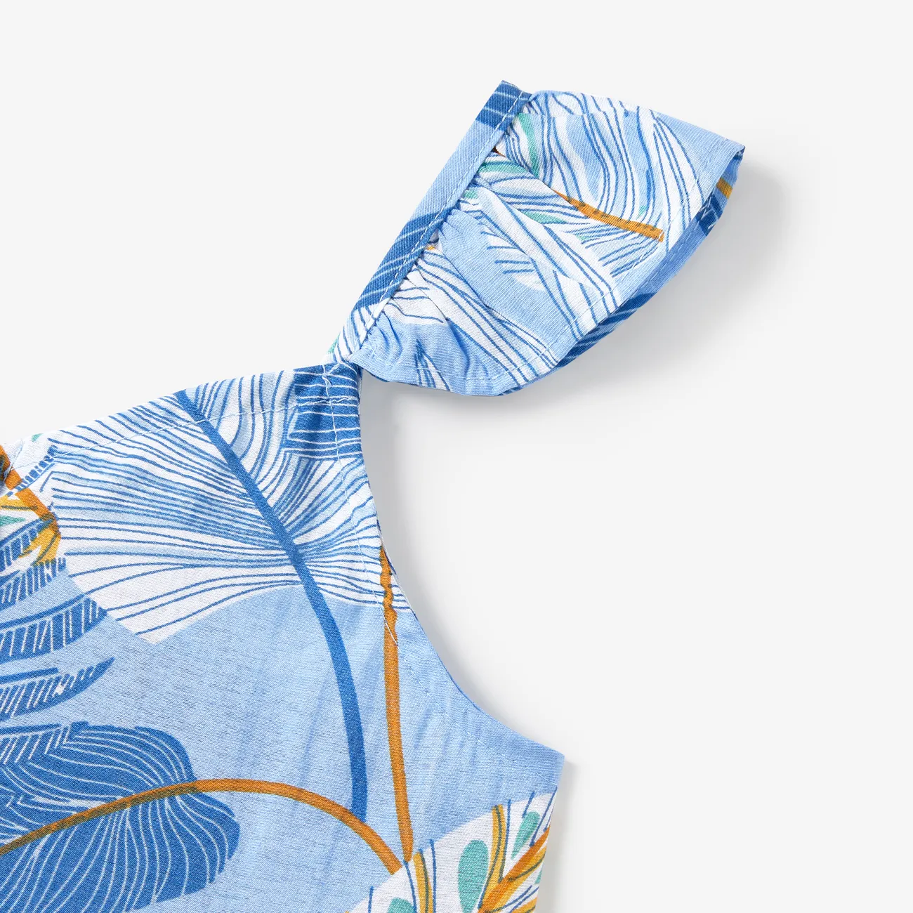 Family Matching Tropical Floral Beach Shirt and Leaf Pattern Button Up Strap Dress Sets Light Blue big image 1