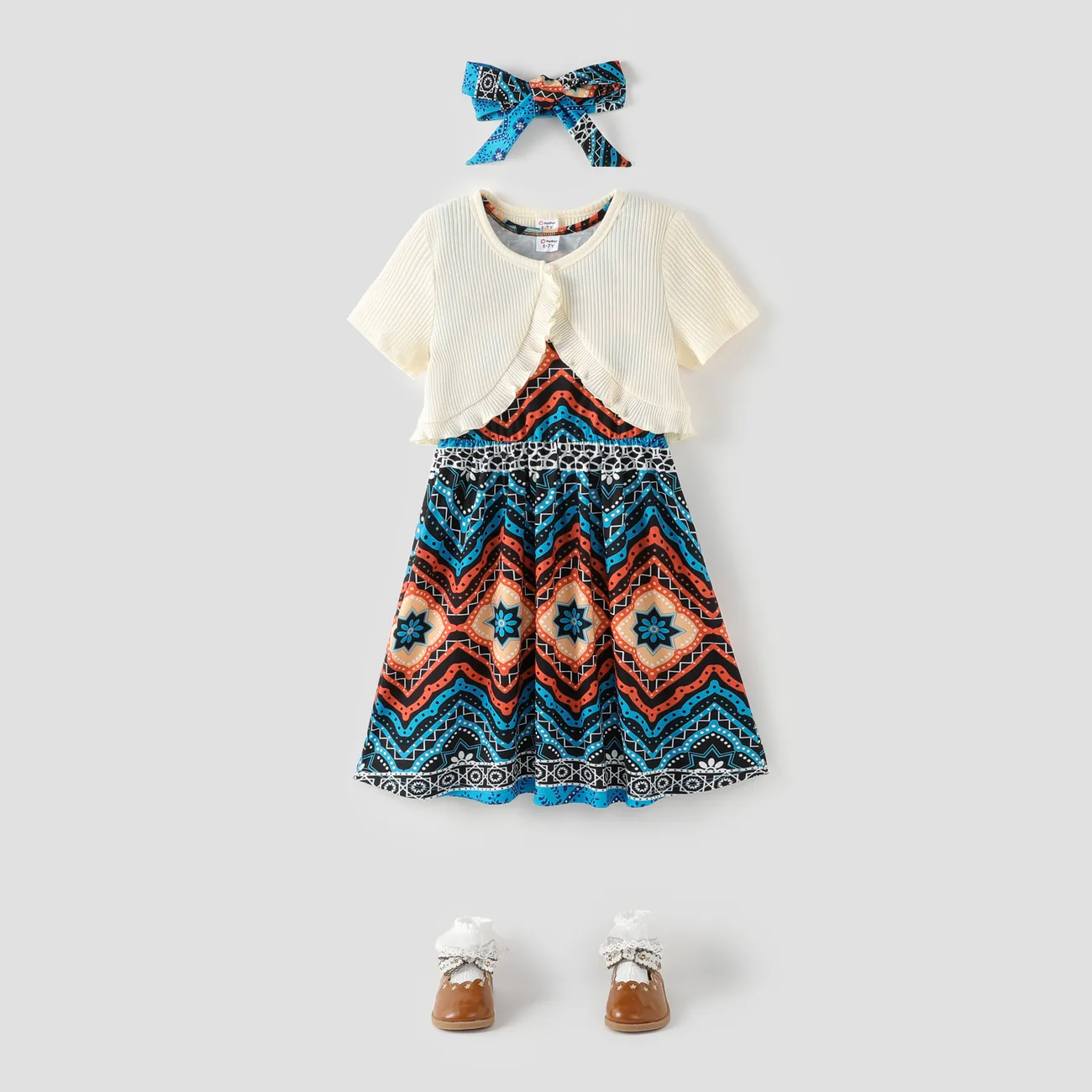 Kid Girl 3pcs Ruffled Cardigan and Geometric Print Dress with Headband Set Color block big image 1