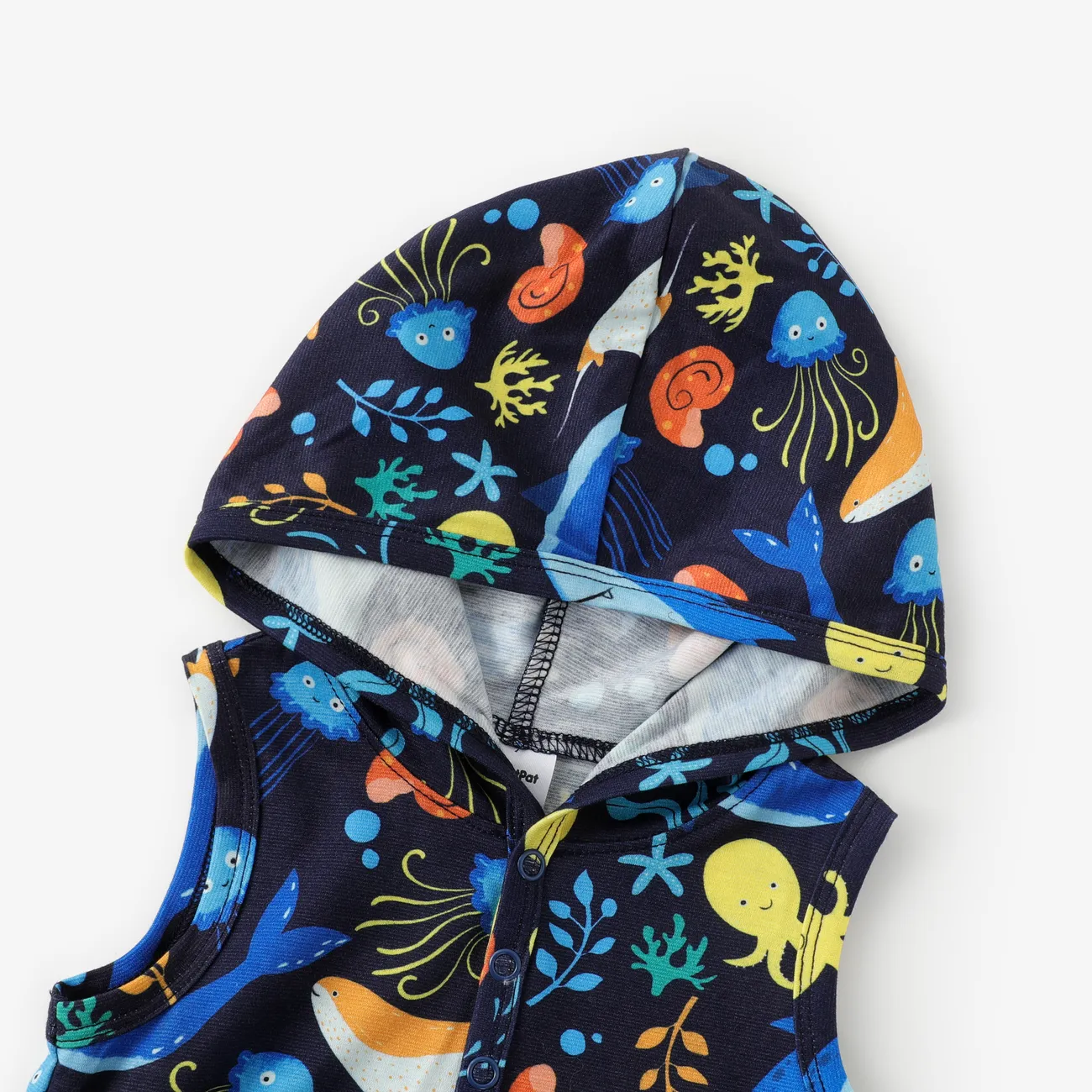 Baby Boy Marine Animal Print Pyjama Jumpsuit mit Kapuze dunkelblau big image 1