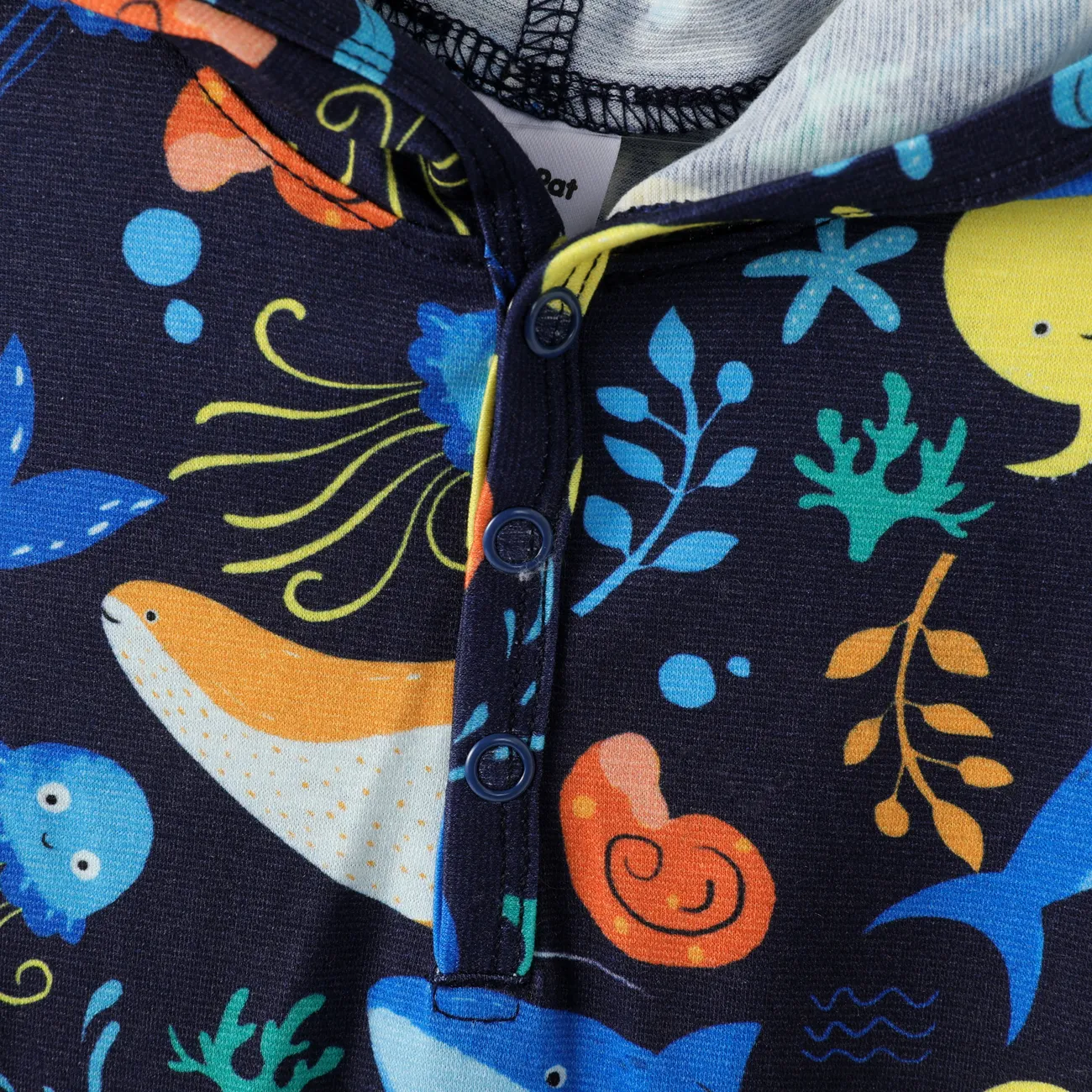 Baby Boy Marine Animal Print Hooded Pajama Jumpsuit Dark Blue big image 1