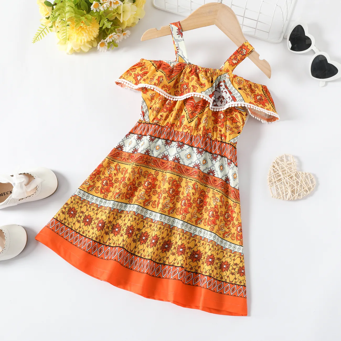  Toddler Girl Sweet Ethnic Dress with Ruffle Edge  Orange big image 1
