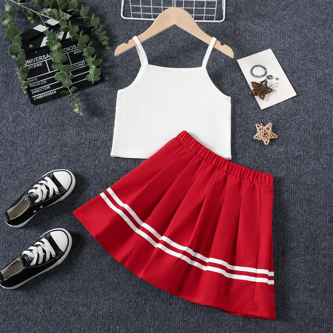2pcs Kid Girl Sporty Letter Hanging Strap Top/Skirt Set  Red big image 1