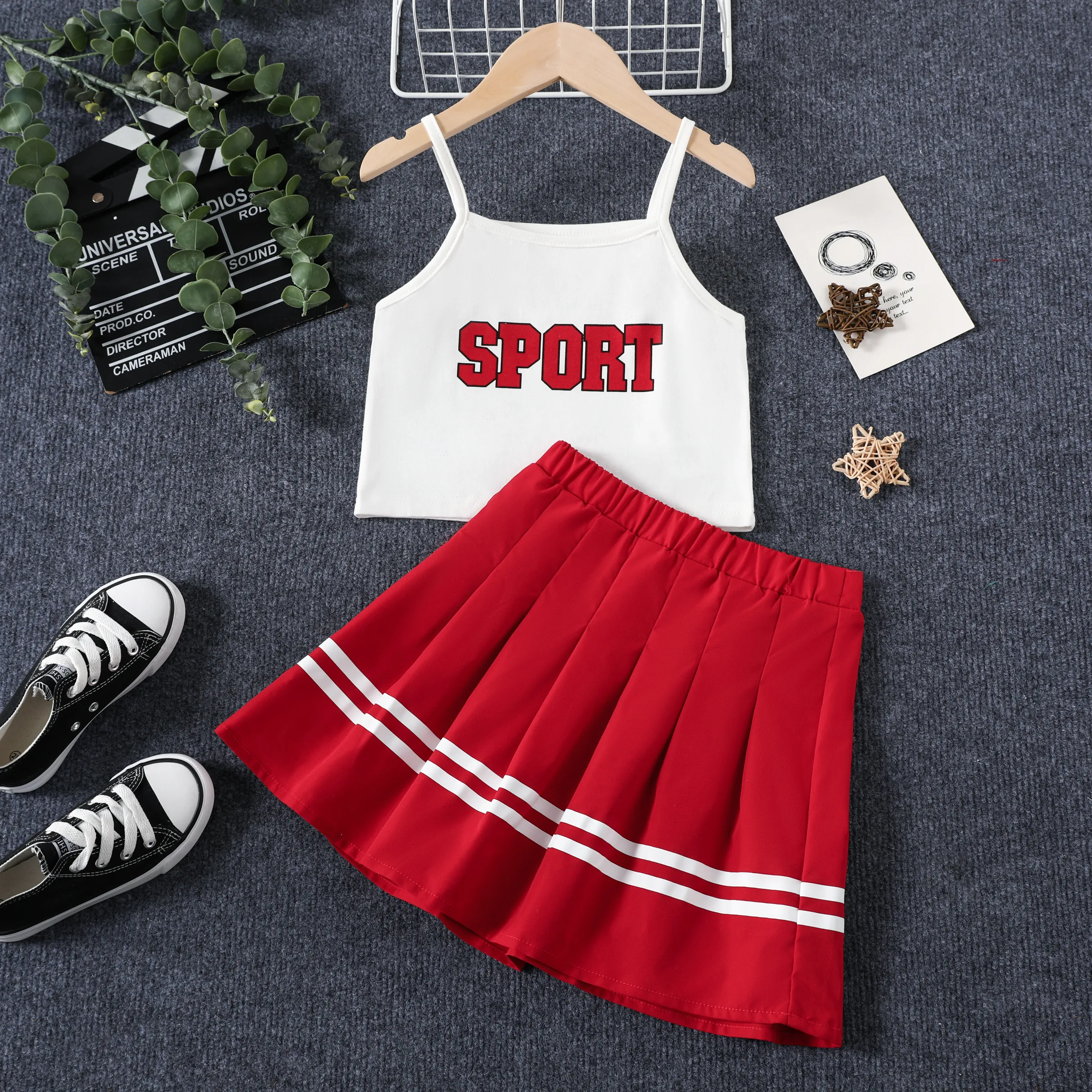 2pcs Kid Girl Sporty Letter Hanging Strap Top/Skirt Set