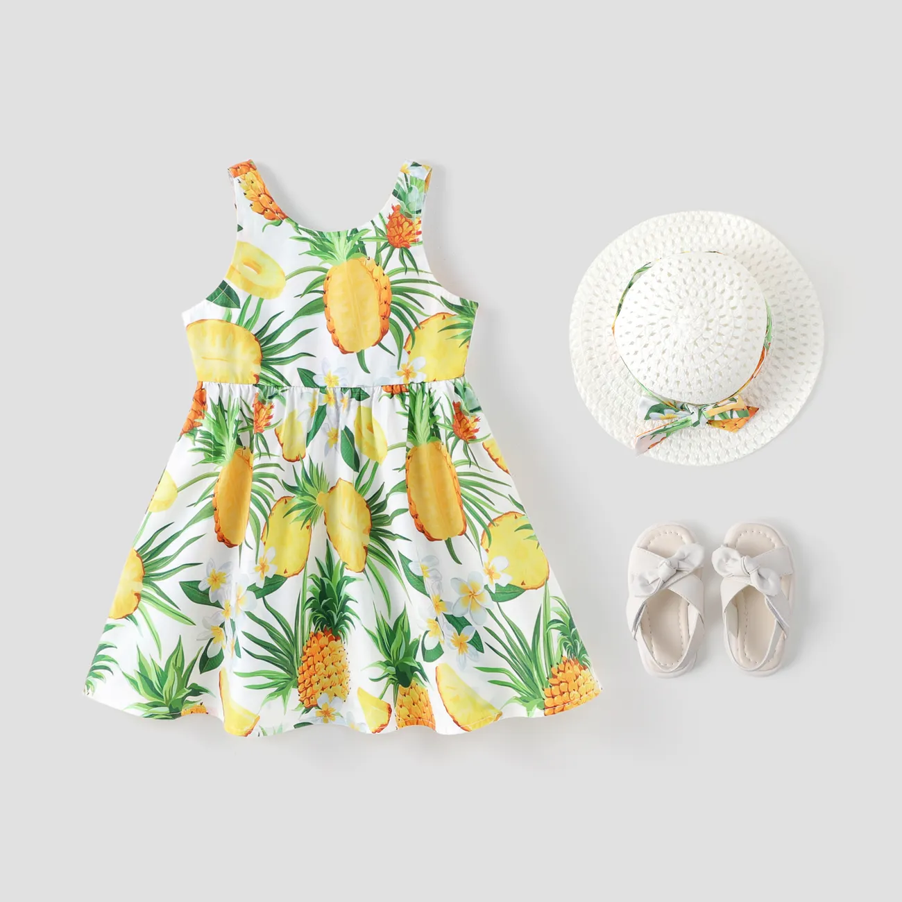 Toddler Girl 2pcs Pineapple Print Sleeveless Dress with Hat Set Multicolour-1 big image 1