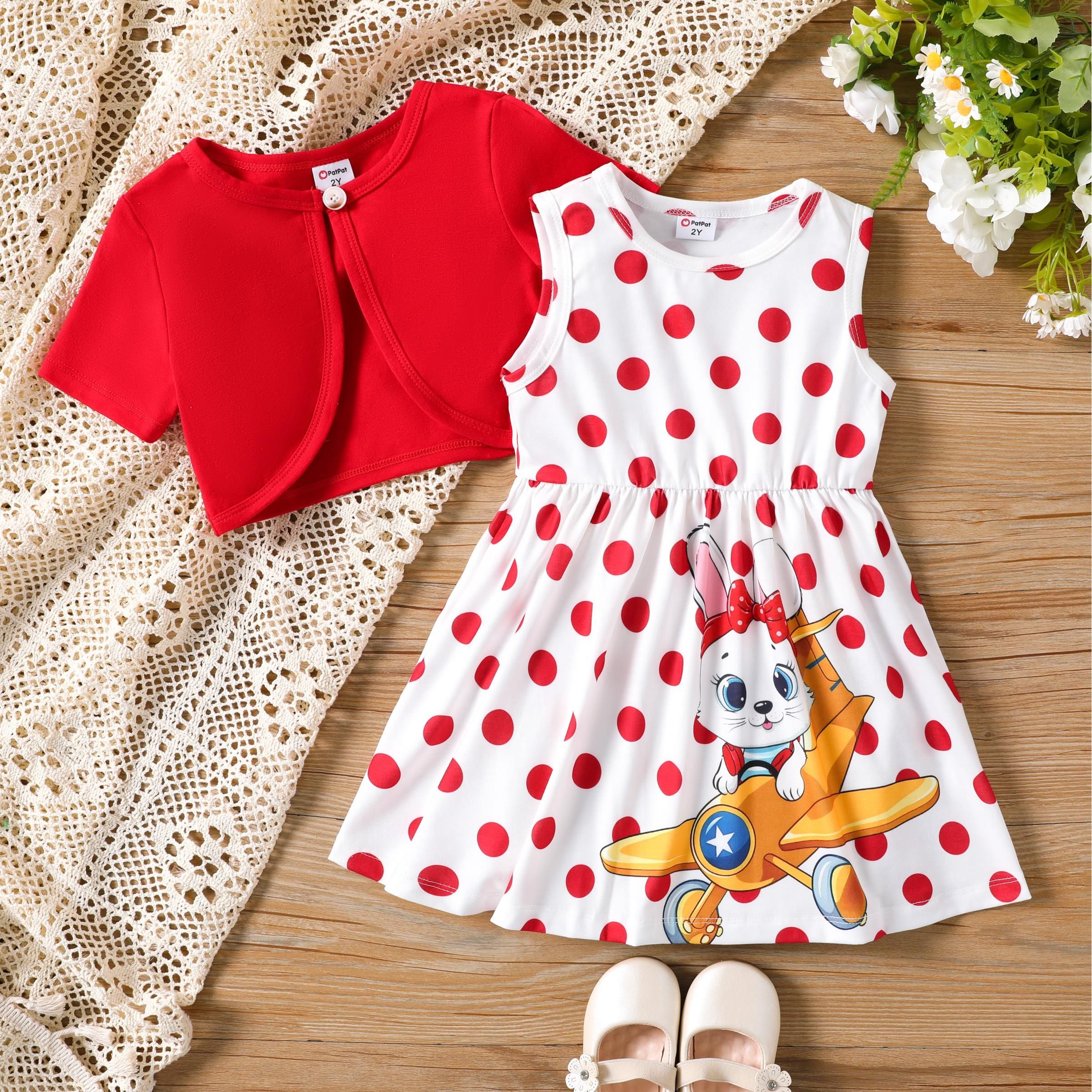 Toddler Girl 2pcs Cardigan and Rabbit Polka Dots Dress Set