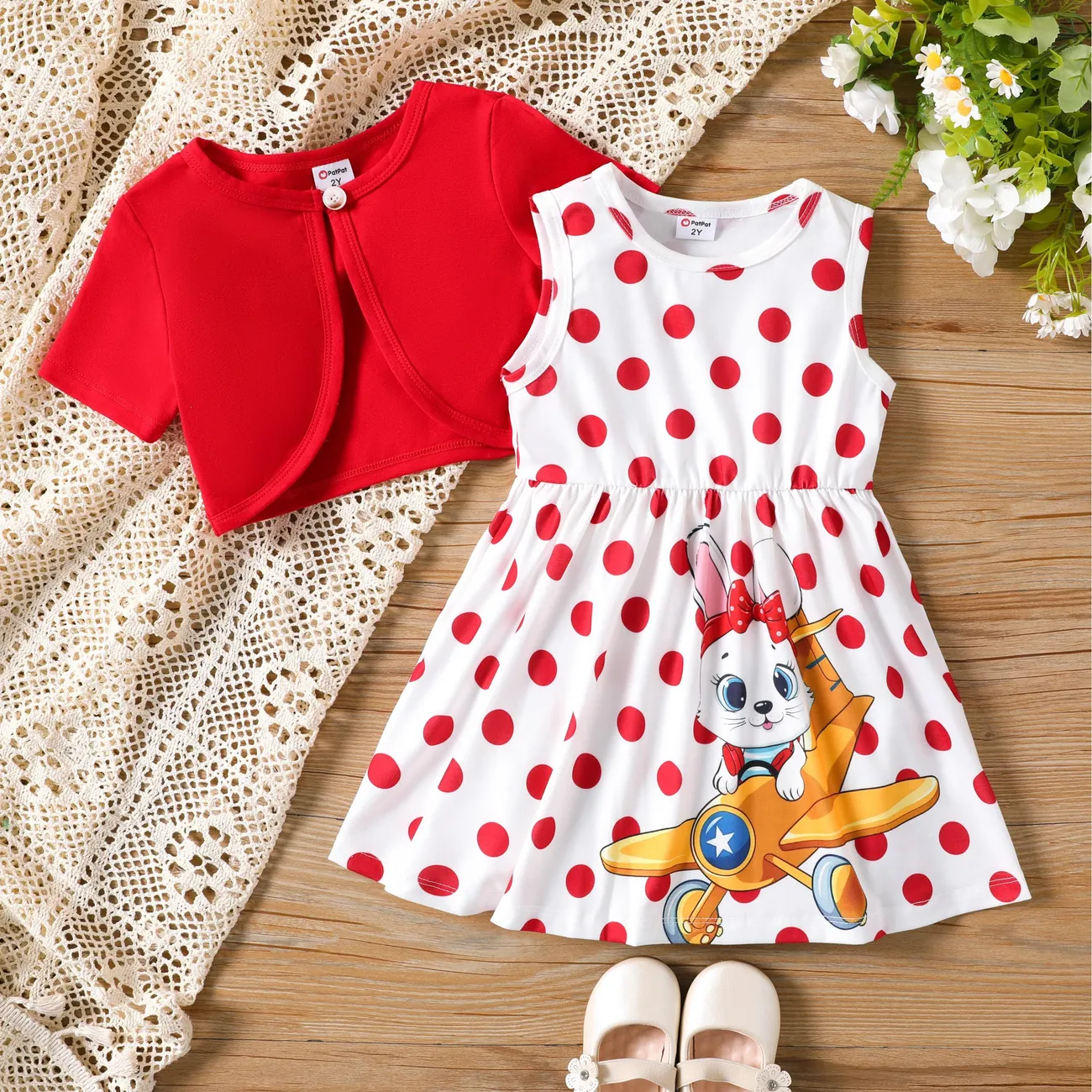 Toddler Girl 2pcs Cardigan and Rabbit Polka Dots Dress Set Red big image 1