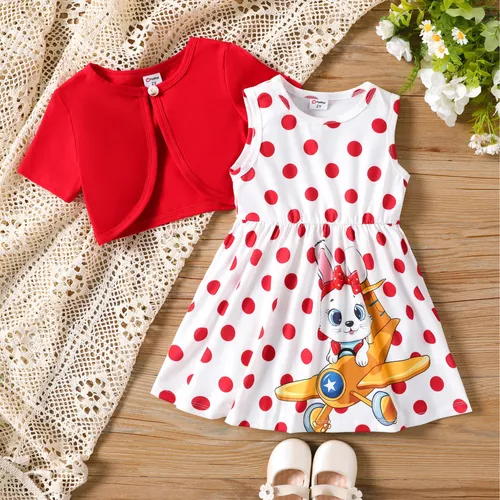 Toddler Girl 2pcs Cardigan e Coelho Polka Dots Dress Set