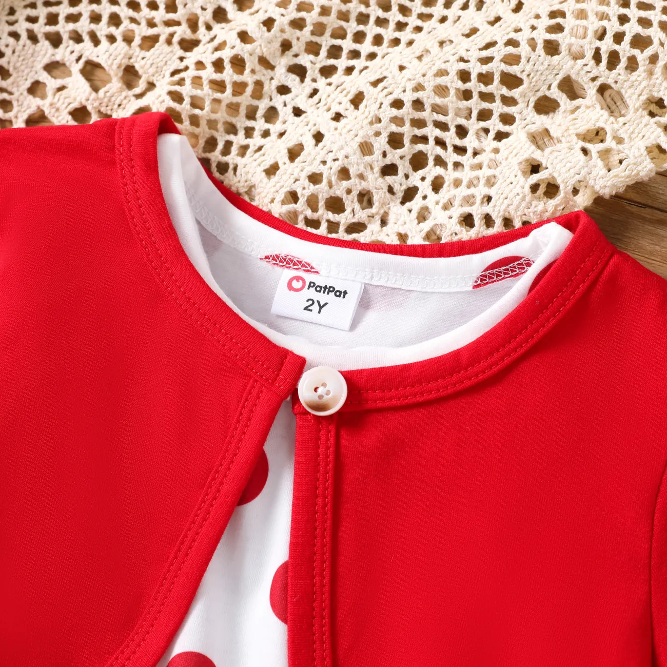 Toddler Girl 2pcs Cardigan and Rabbit Polka Dots Dress Set Red big image 1