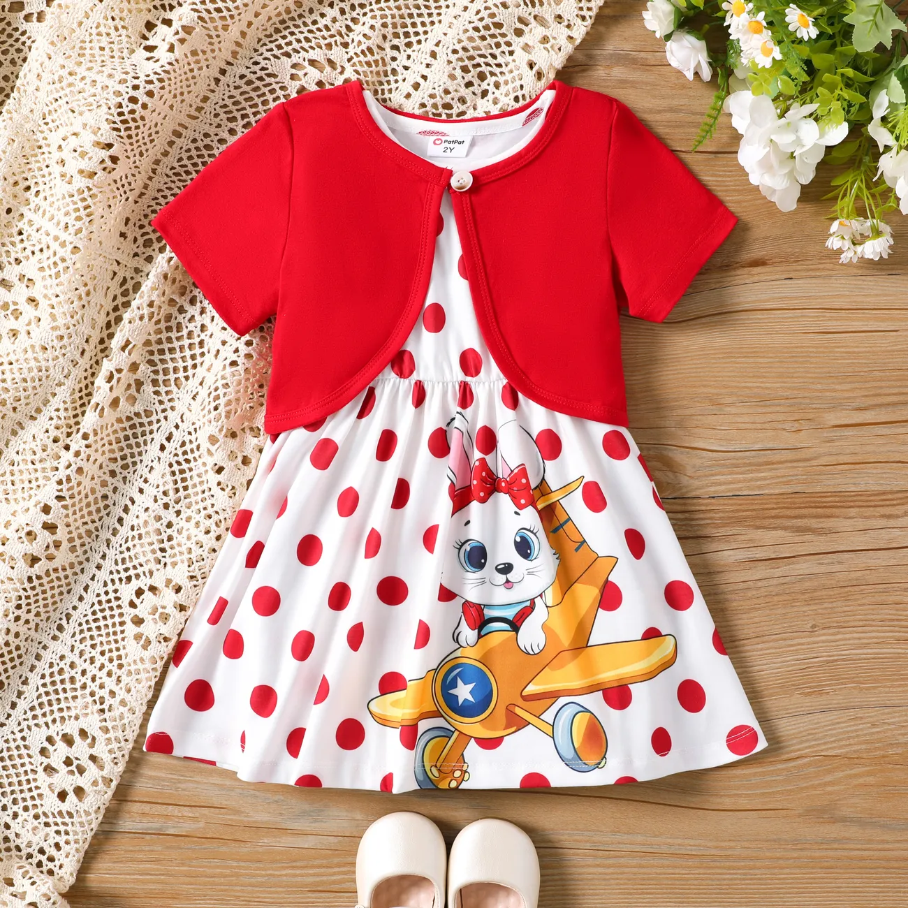 3件 小童 女 鈕扣 童趣 兔仔 套裝裙 紅色 big image 1
