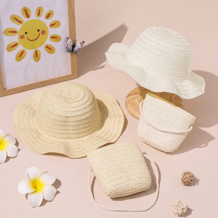 Enfant en bas âge décontracté à la mode de couleur unie chapeau de paille et sac ensemble 