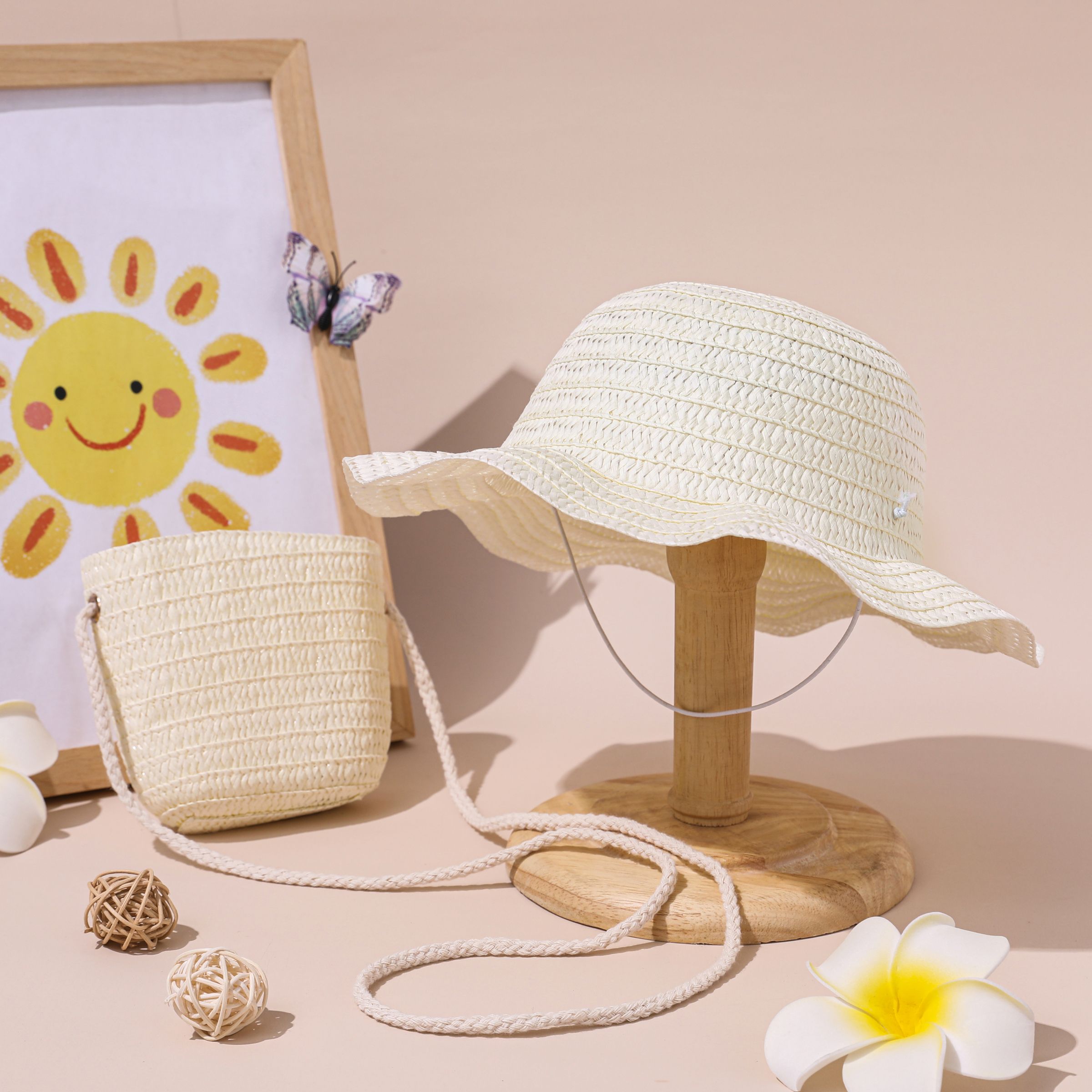 

Toddler Casual Fashionable Solid Color Straw Hat and Bag Set