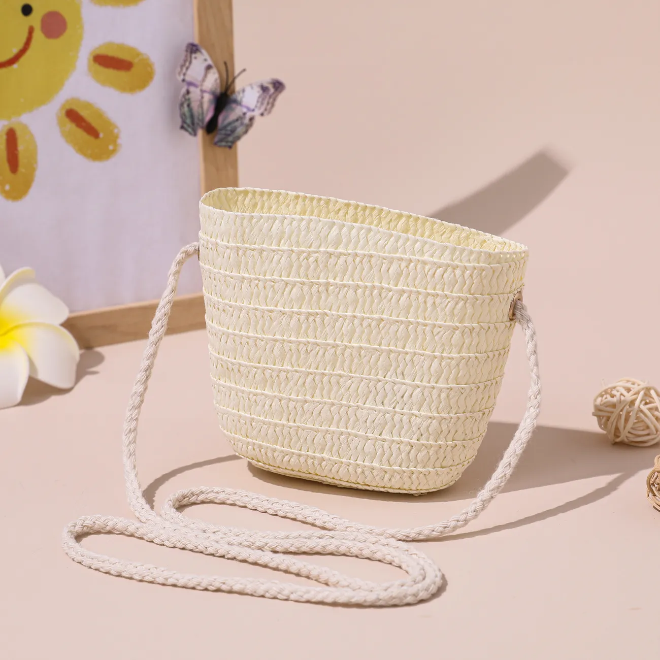 Toddler Casual  Fashionable Solid Color Straw Hat and Bag Set  OffWhite big image 1
