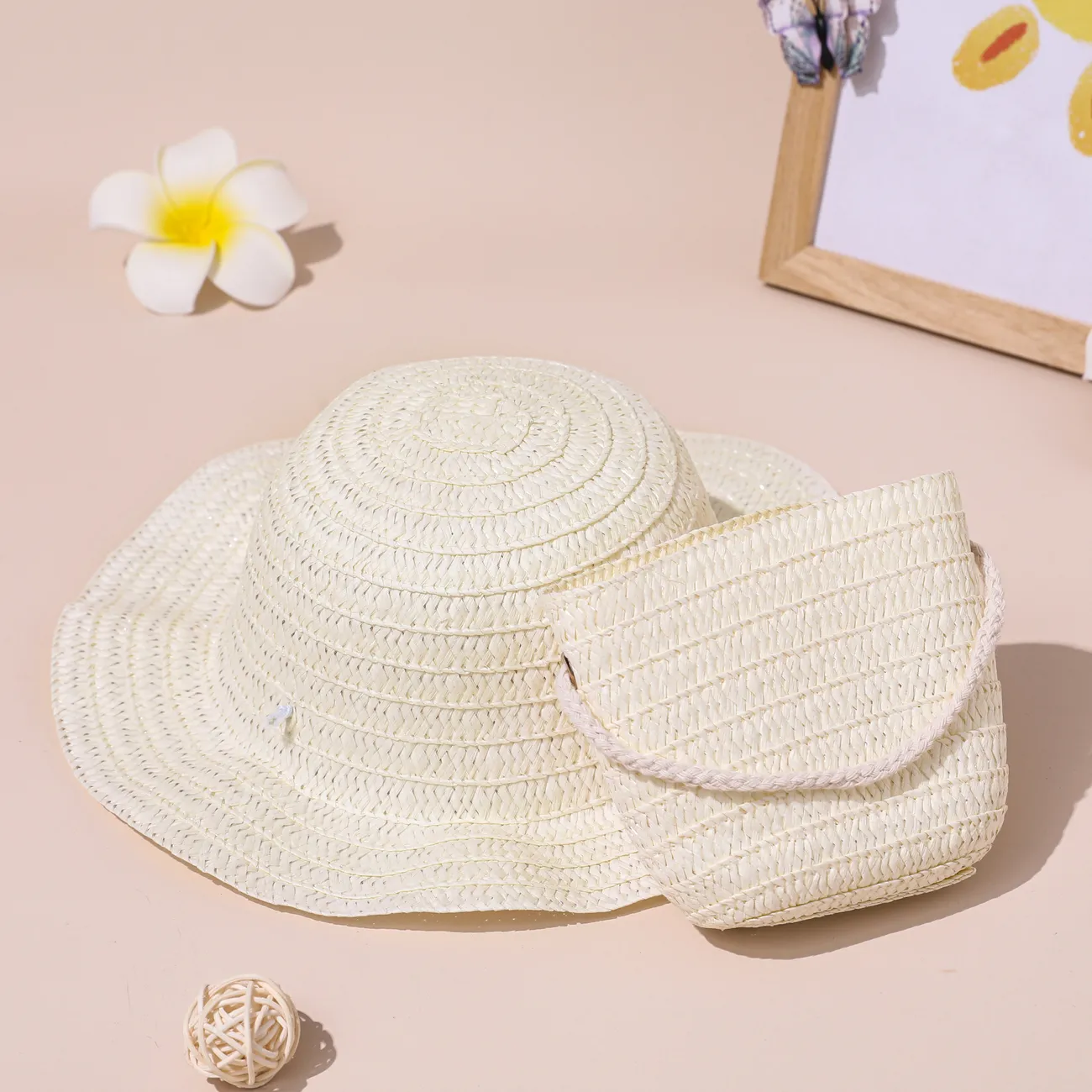 蹣跚學步休閒時尚純色草帽和包包套裝 米白色 big image 1