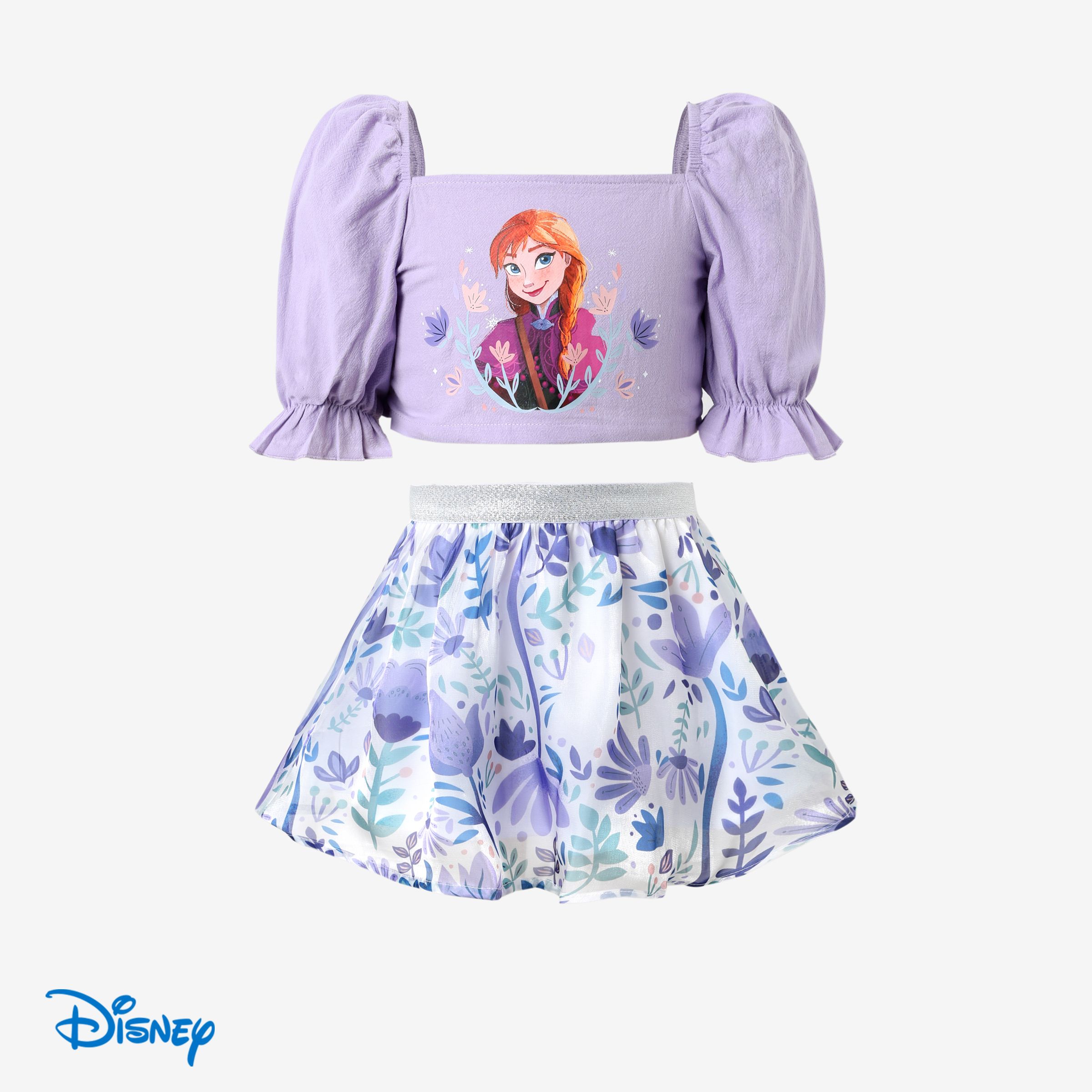 

Disney Frozen Elsa/Anna 2pcs Toddler Girls Character Print Puff Sleeves Top with Floral Skirts Set