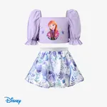 Disney Frozen Elsa/Anna 2pcs Toddler Girls Character Print Puff Sleeves Top with Floral Skirts Set Purple