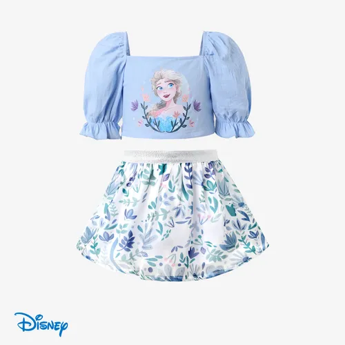Disney Frozen Elsa/Anna 2pcs Toddler Girls Character Print Puff Sleeves Top with Floral Skirts Set