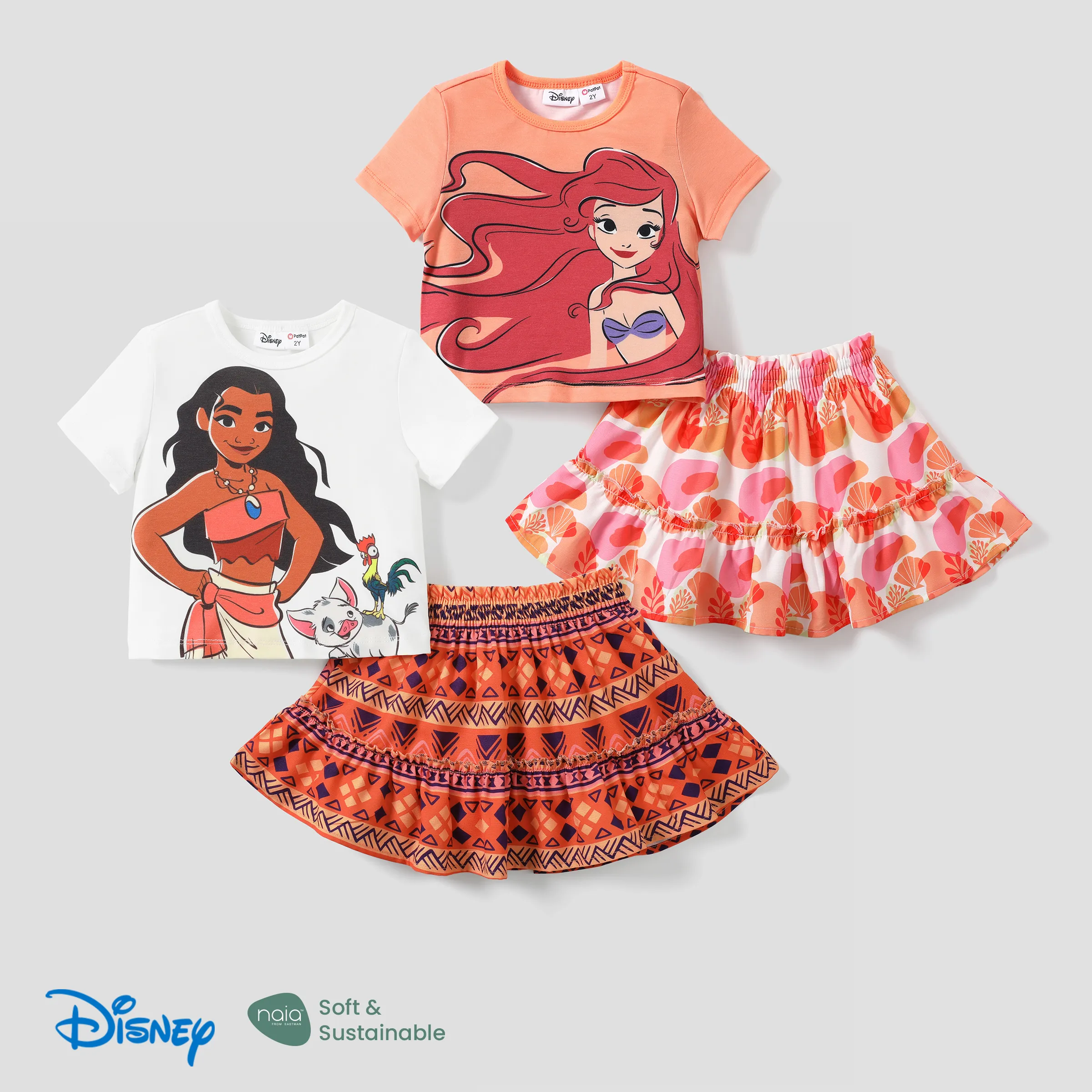 迪士尼公主莫阿娜/愛麗兒 2 件裝幼兒女孩 Naia™ 角色印花 T 恤，通體圖案，荷葉邊半身裙套裝