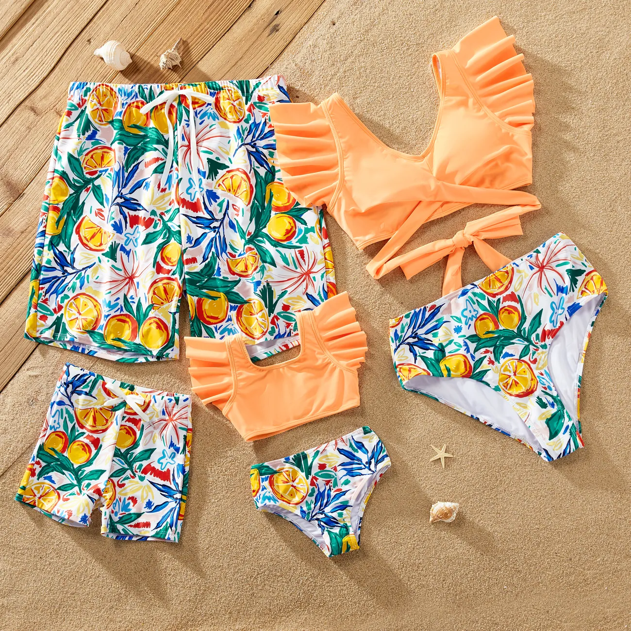 Family Matching Orange Printed Drawstring Swim Trunks or Orange Ruffle Sleeves Cross Bikini ShallowOrange big image 1