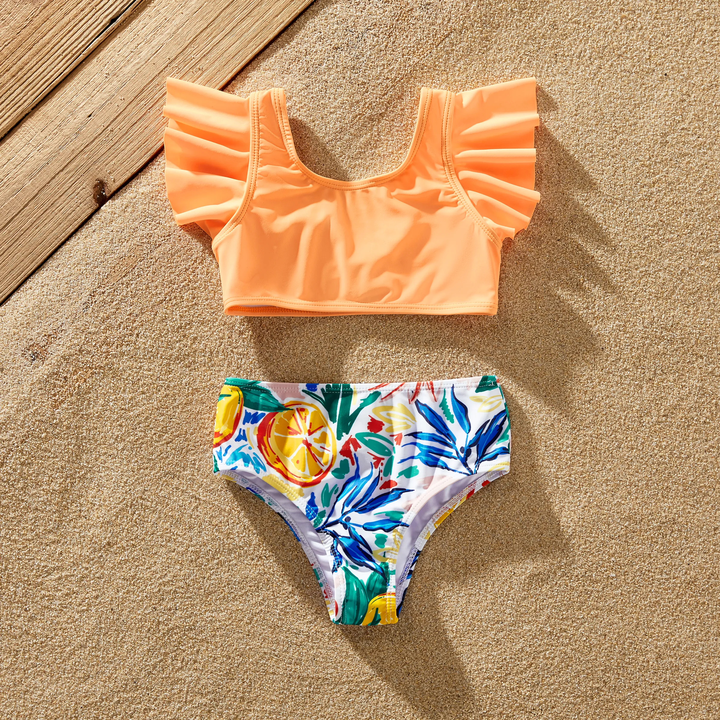 Family Matching Orange Printed Drawstring Swim Trunks or Orange Ruffle Sleeves Cross Bikini