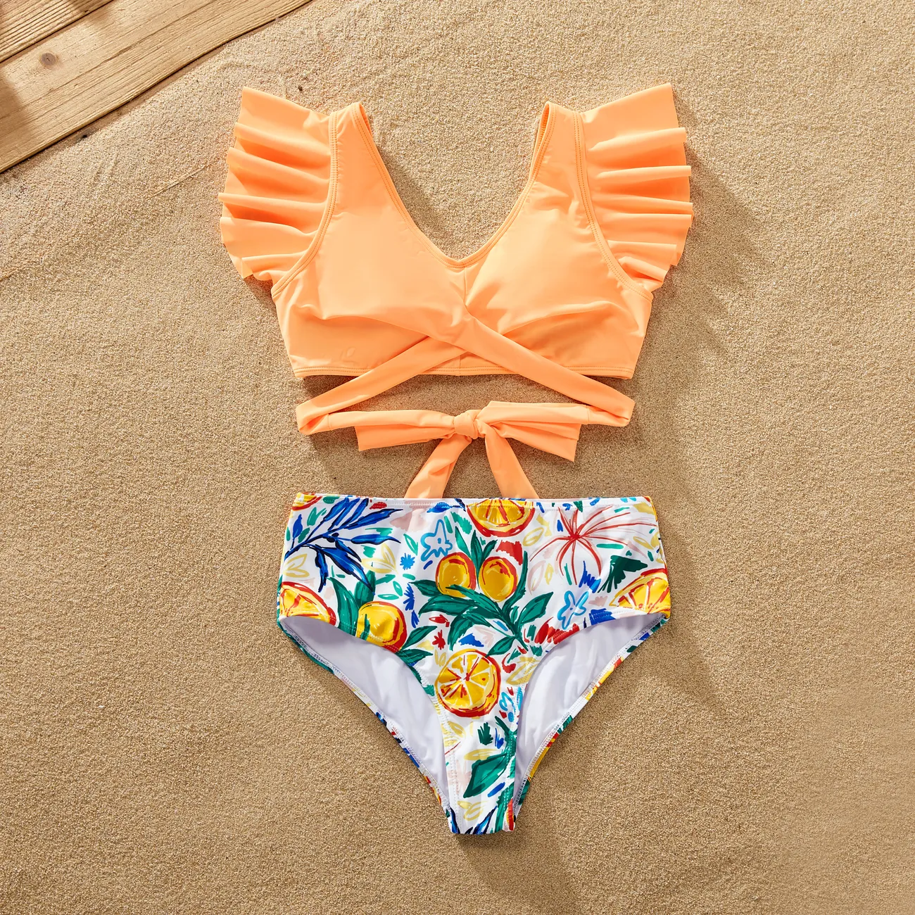 Family Matching Orange Printed Drawstring Swim Trunks or Orange Ruffle Sleeves Cross Bikini ShallowOrange big image 1