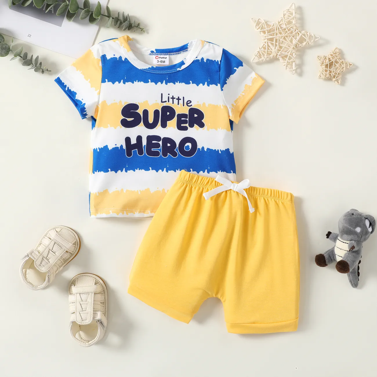 Baby Boy 2pcs Letter＆Tie-dye Pattern Tee and Shorts Set Yellow big image 1