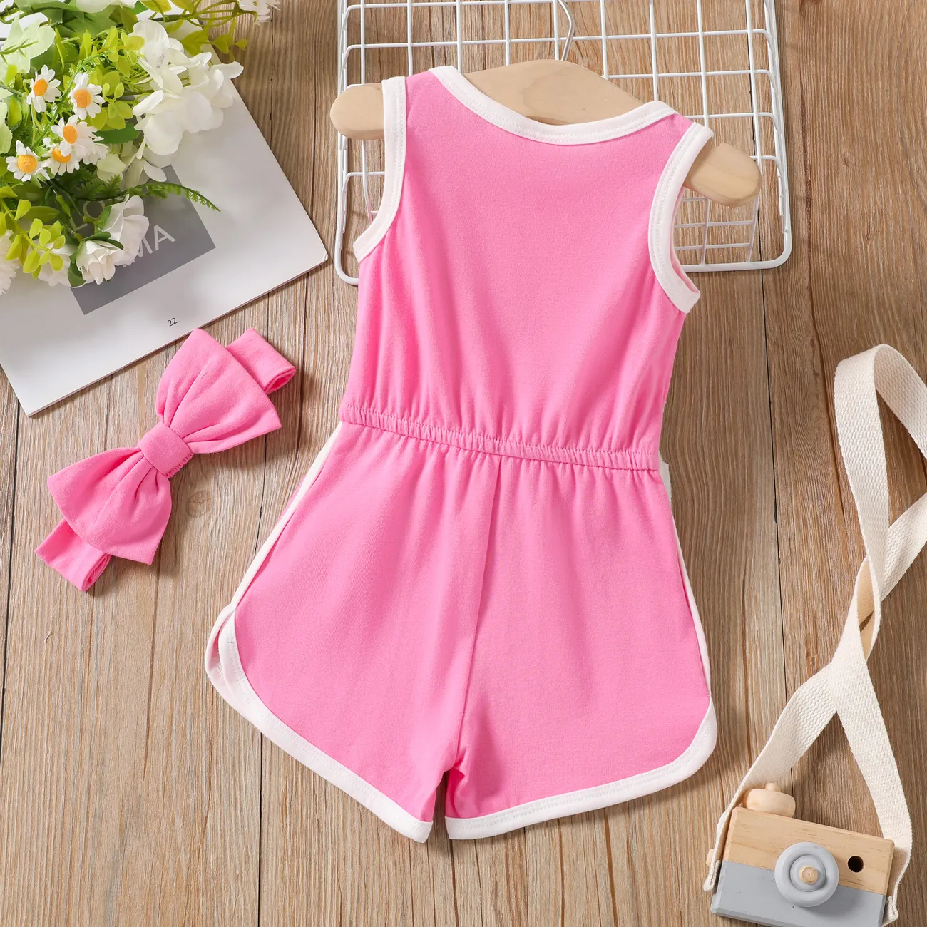 Baby Girl 2pcs Heart-shaped Tank Jumpsuit and Headband Set Pink big image 1