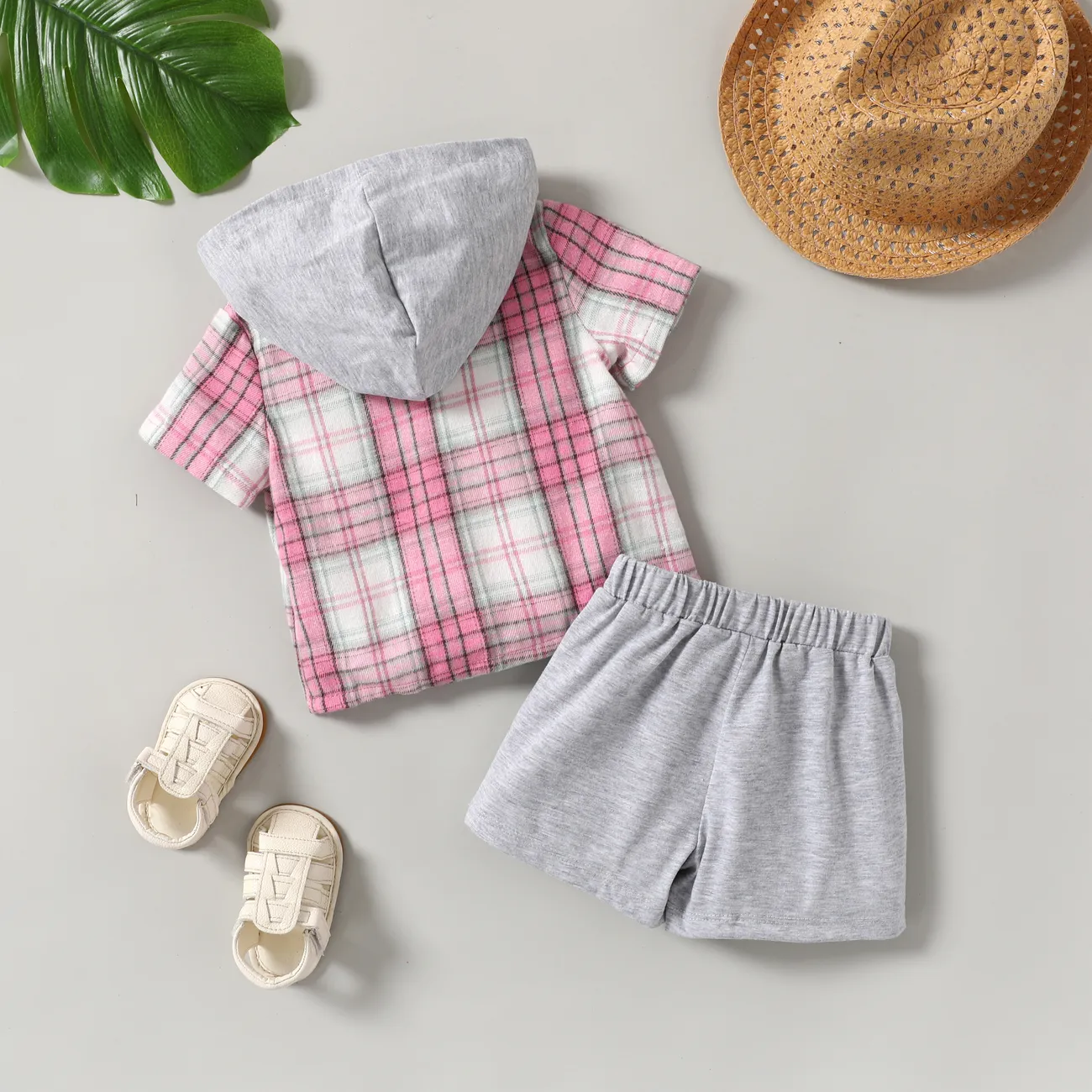Bebé / niño pequeño 2 piezas de camisa con capucha con estampado a cuadros y conjunto de pantalones cortos Rosado big image 1