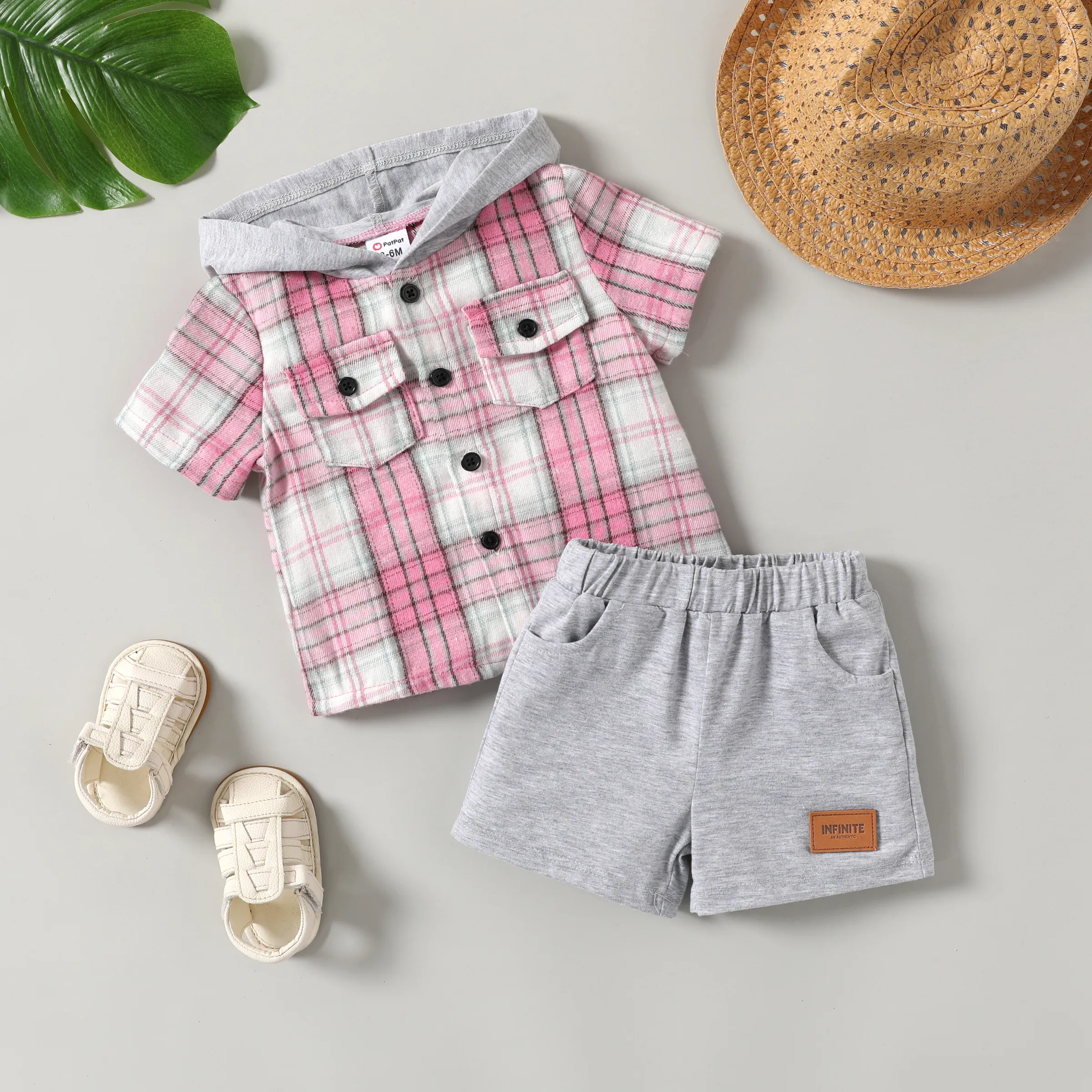 嬰兒/幼兒男孩 2 件格子印花連帽襯衫和短褲套裝