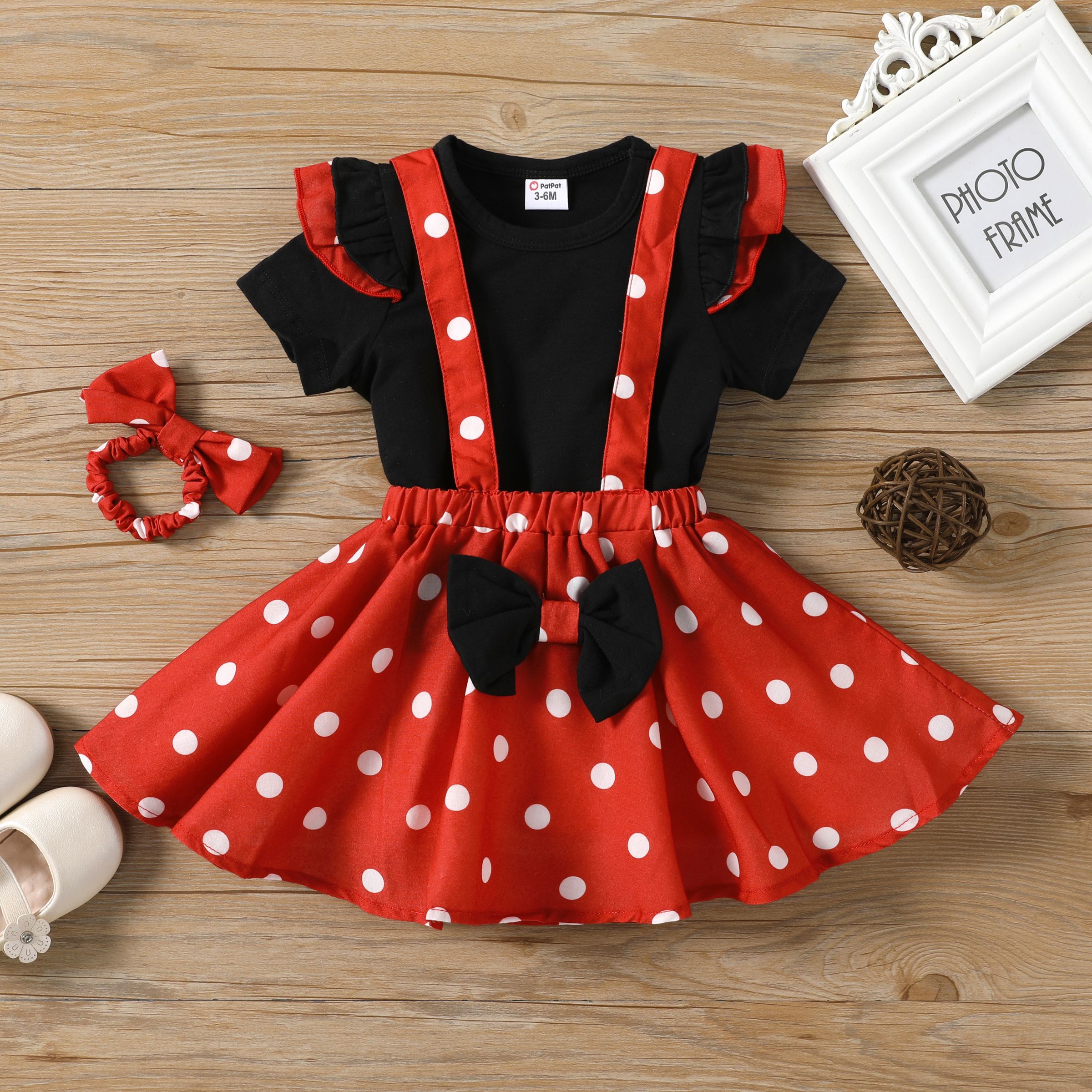 3pcs Baby Girl Cotton Ruffle Short-sleeve Top and Bow Front Polka Dot Suspender Skirt & Headband Set