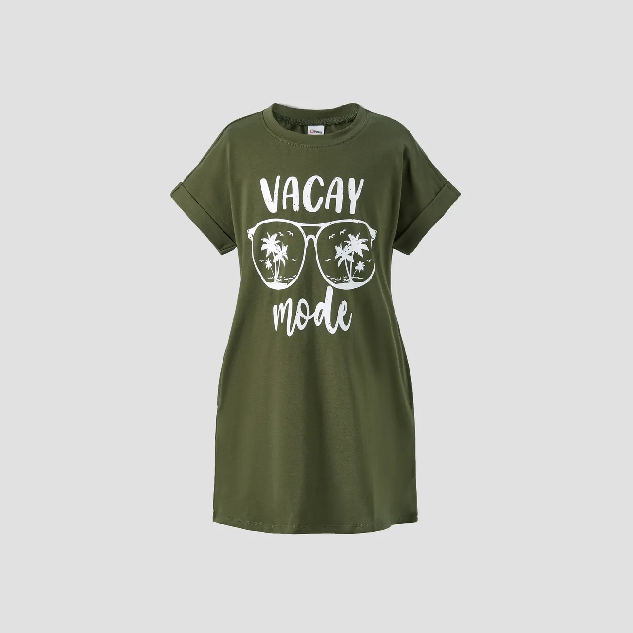 Family Matching Sets Allover Printed T-Shirt and Army Green Glasses Pattern T-Shirt Dress with Pockets  Army green big image 1