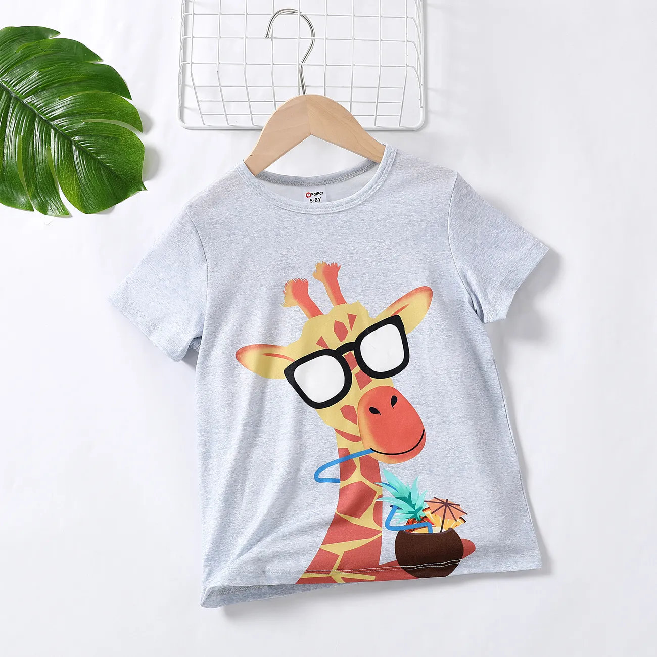 Giraffe Animal Pattern Boy's T-shirt, Childlike Style, 1pc Set, Short Sleeve, Polyester Material Grey big image 1