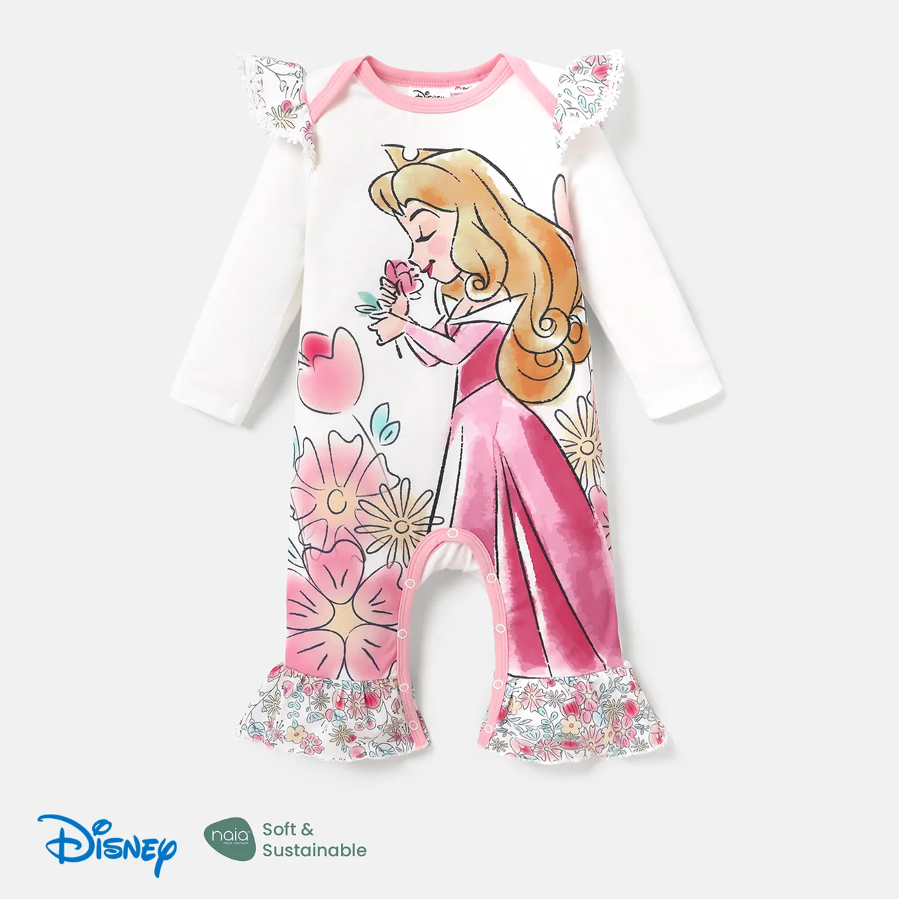 Disney Princess Baby Girl Character Print Long-sleeve Ruffled Jumpsuit  White big image 1