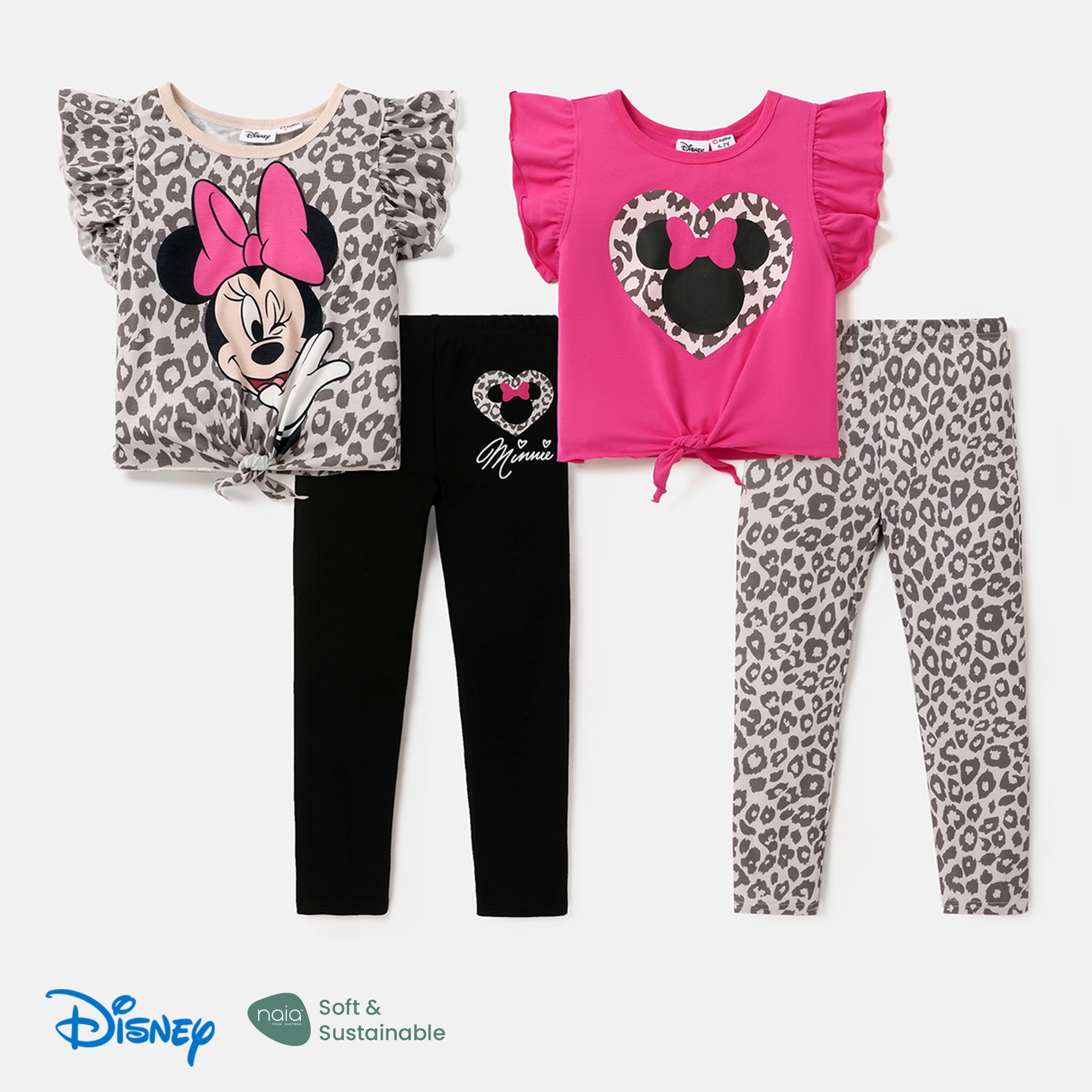 迪士尼幼兒/兒童女孩 2 件 Naia™ 豹紋角色印花飄逸袖 T 恤和褲子套裝