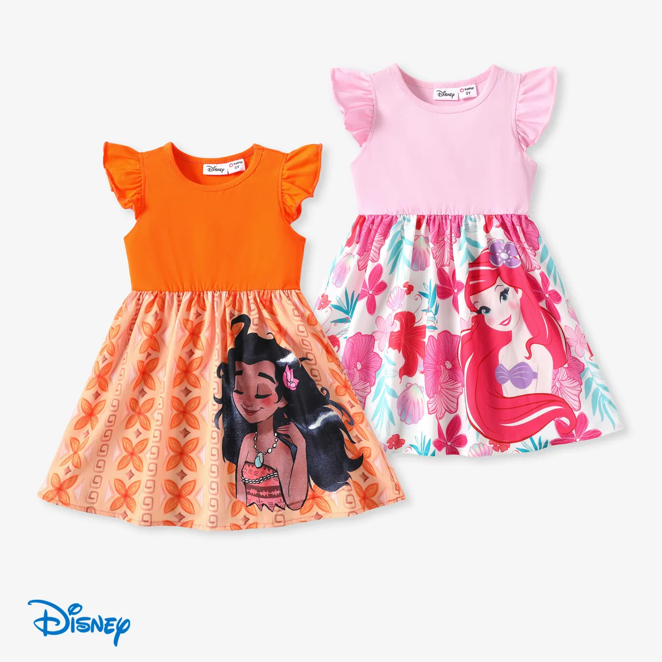 Disney Princess Toddler Girls Moana/Ariel 1pc Floral Ruffle Dress Orange big image 1