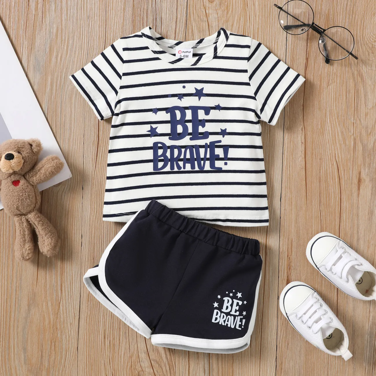 Baby Boy 2pcs Striped Letter Print Tee and Shorts Set Tibetanblue big image 1