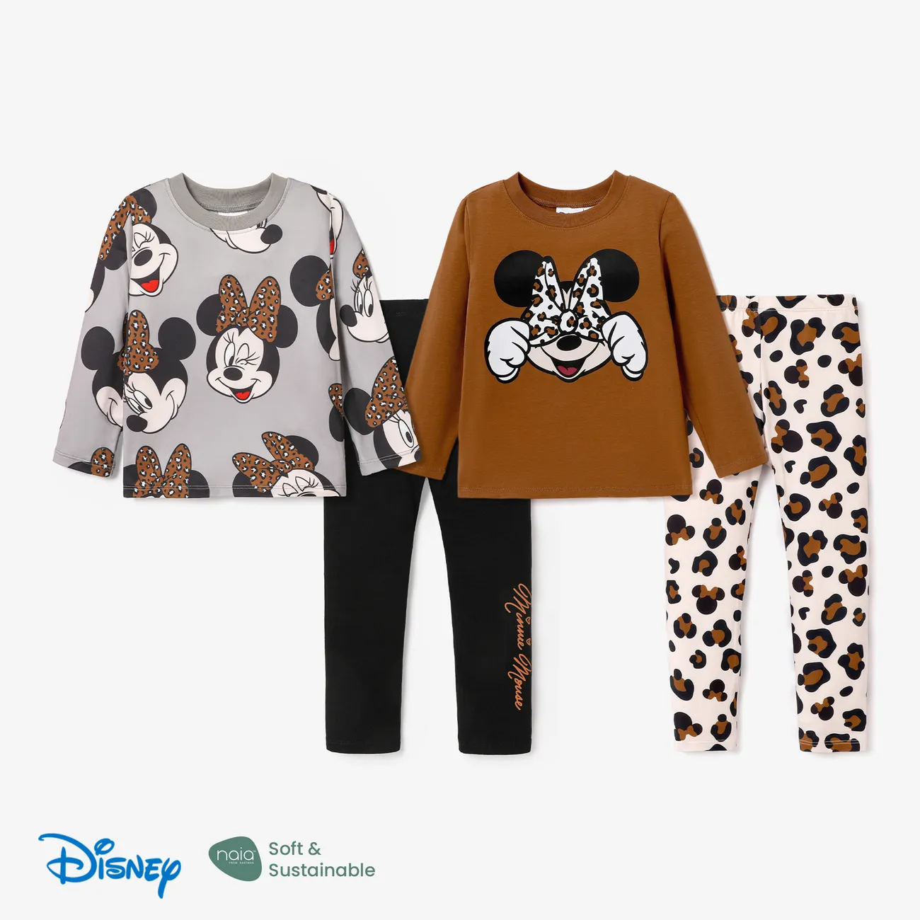 Disney Mickey and Friends Toddler Girl Cotton Leopard Print Solid Top and Pant Sets Grey big image 1